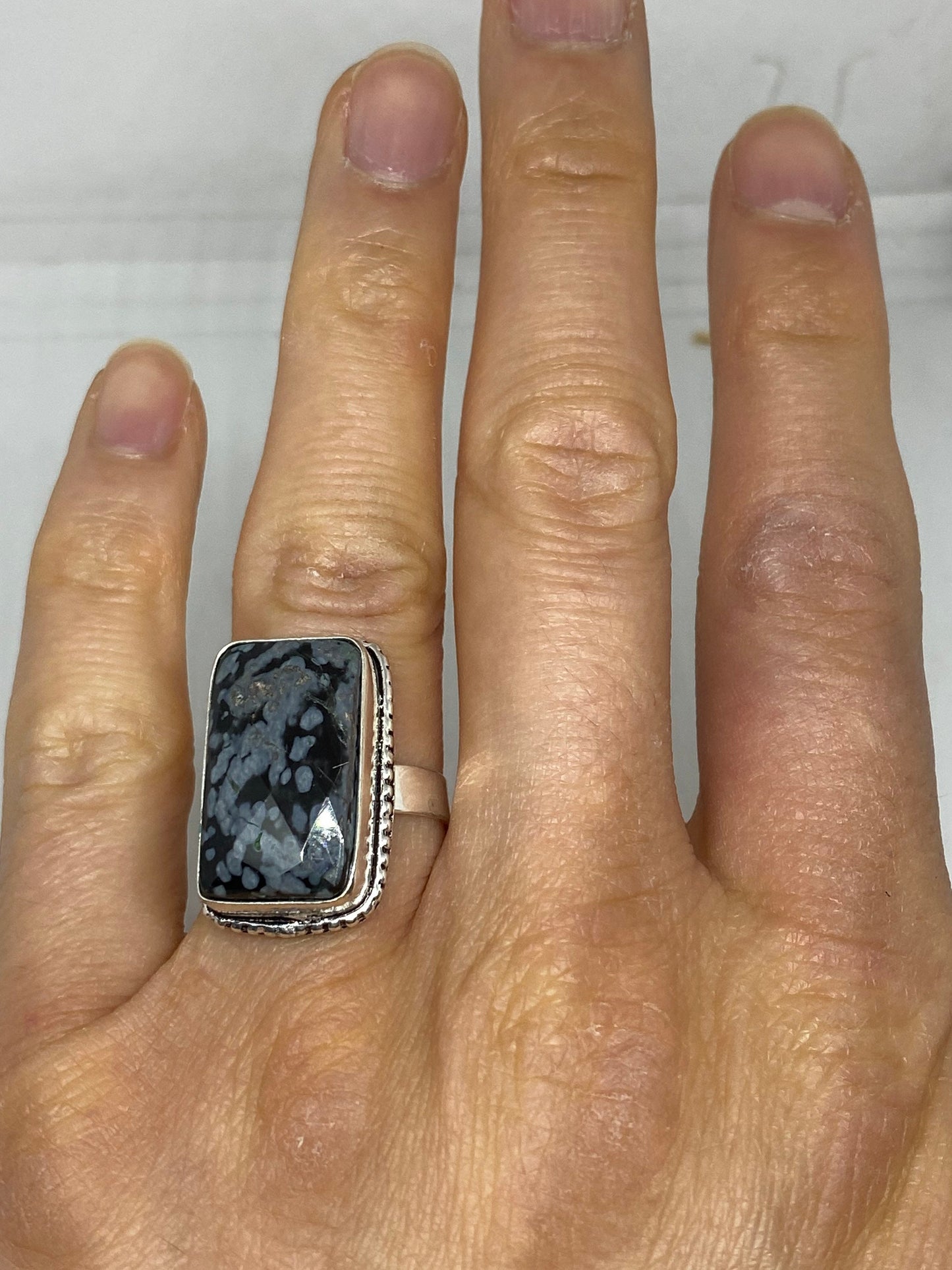 Vintage Snowflake Obsidian Black and Grey agate Bronze Silver Gothic Ring