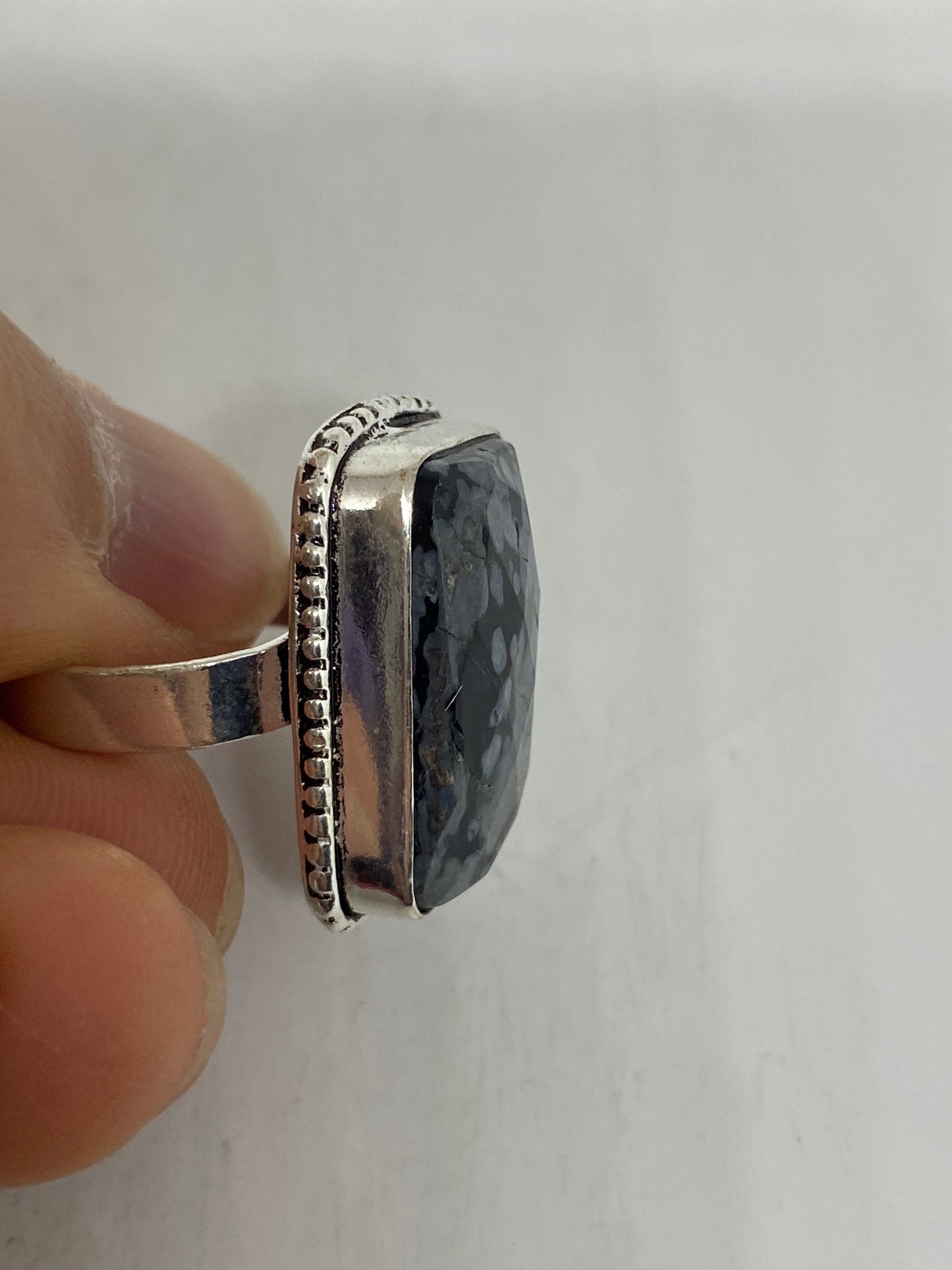 Vintage Snowflake Obsidian Black and Grey agate Bronze Silver Gothic Ring