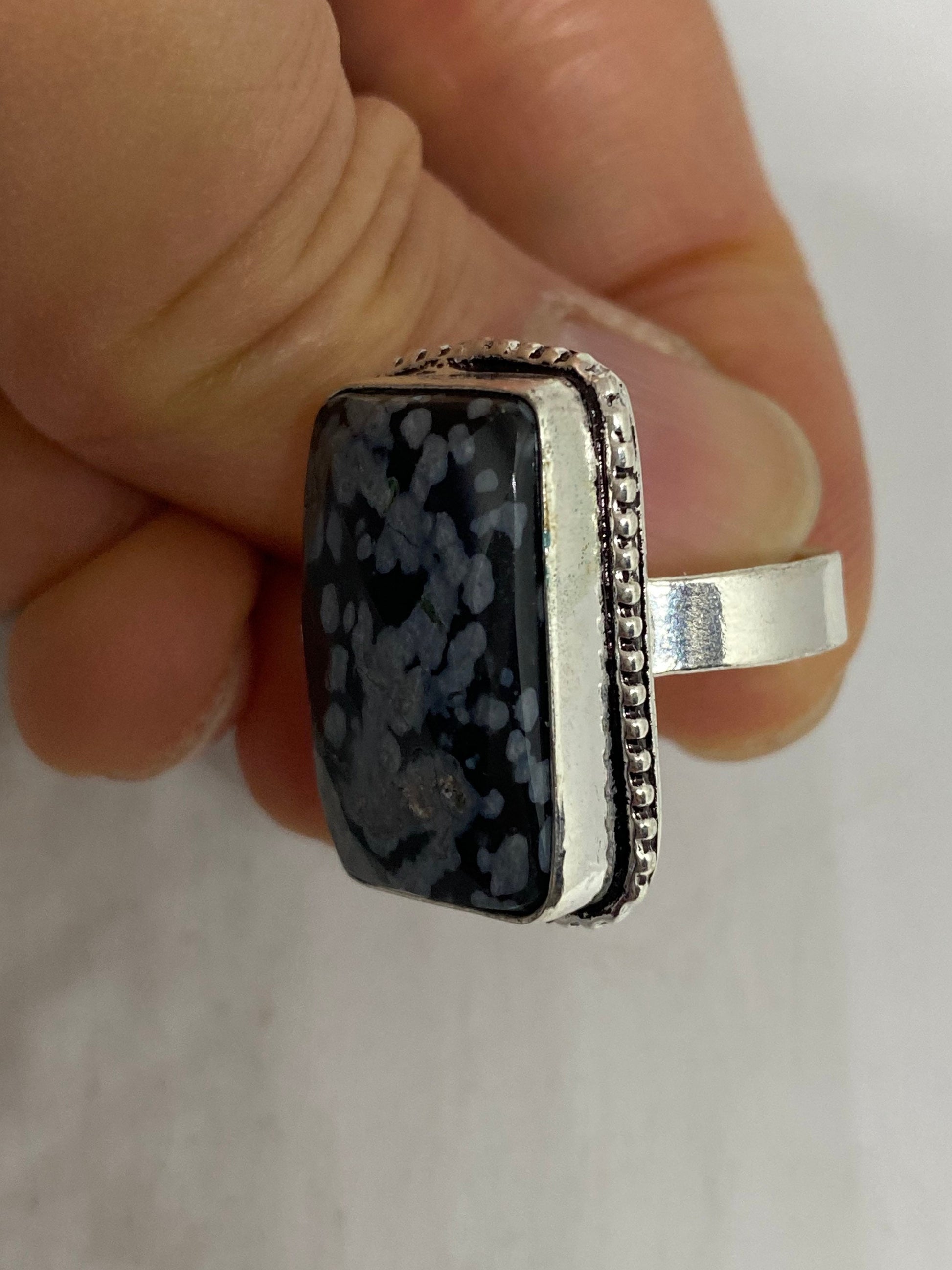 Vintage Snowflake Obsidian Black and Grey agate Bronze Silver Gothic Ring