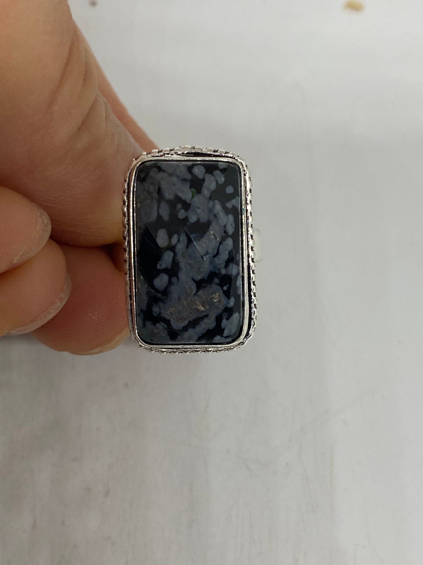 Vintage Snowflake Obsidian Black and Grey agate Bronze Silver Gothic Ring
