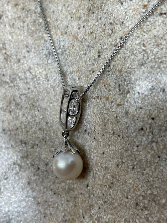 Vintage Genuine White Pearl 925 Sterling Silver Dangle Pendant Necklace
