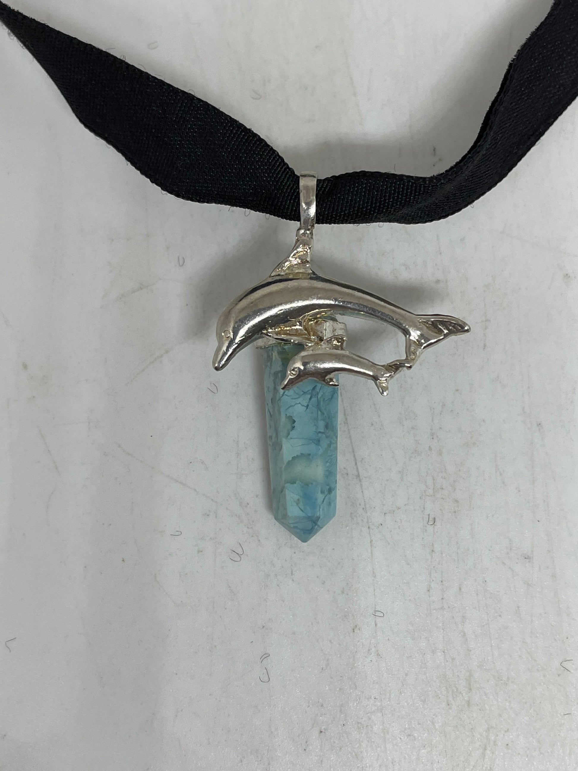 Vintage Dolphin Choker Blue Larimar 925 Sterling Silver Necklace
