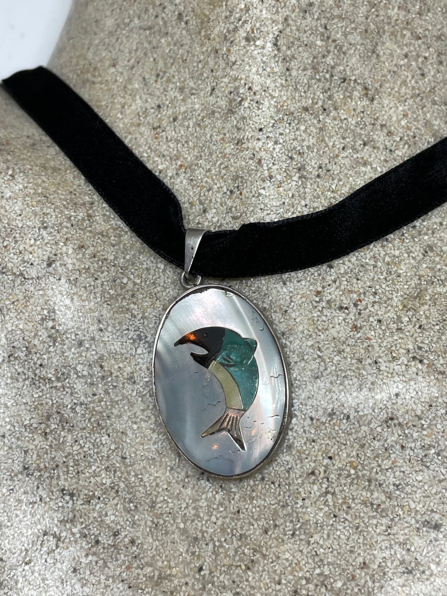 Vintage 925 Sterling Silver Genuine Gemstone Inlay Dolphin Choker Necklace