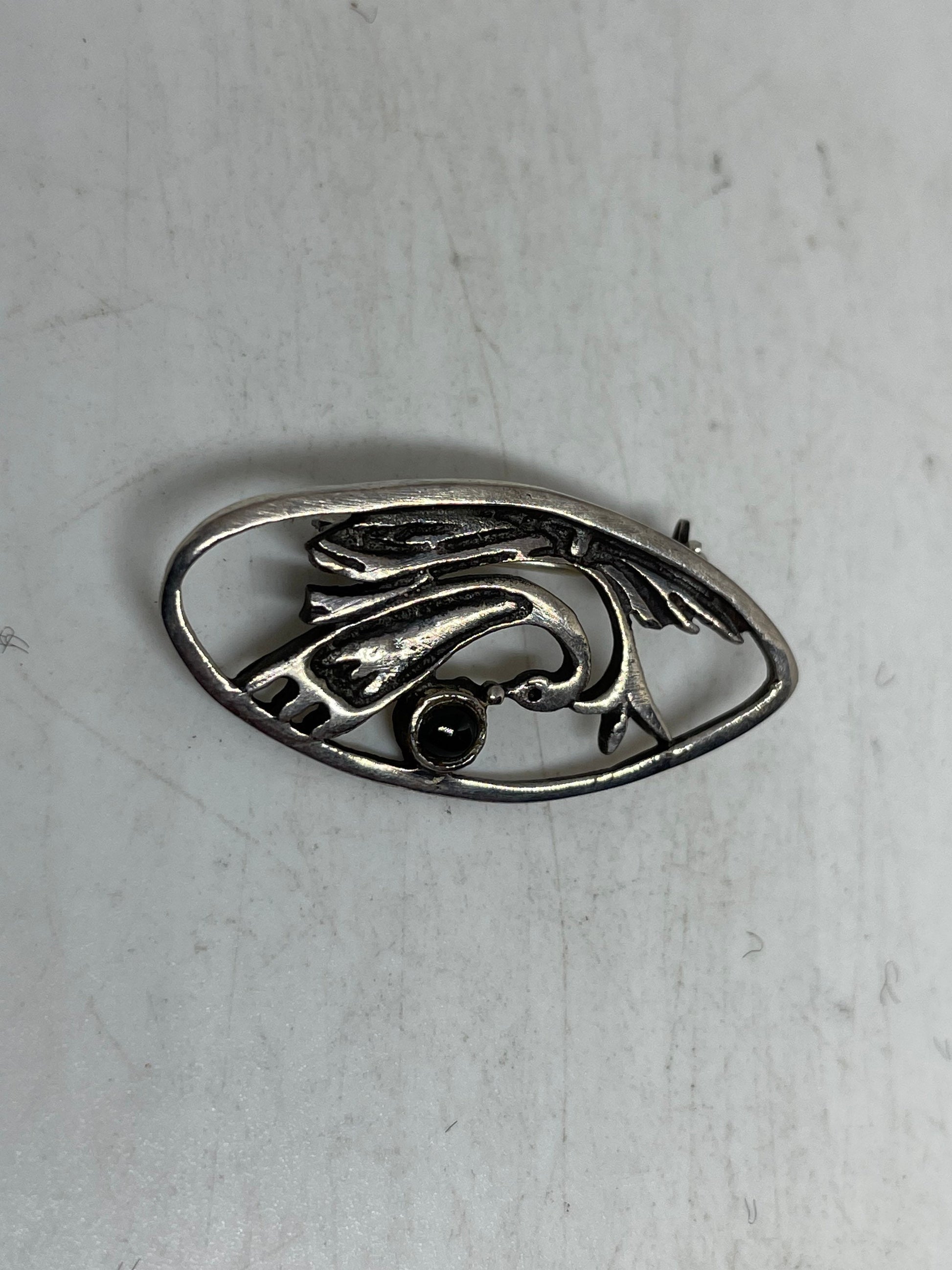 Vintage Pin Black Onyx 925 Sterling Silver Brooch
