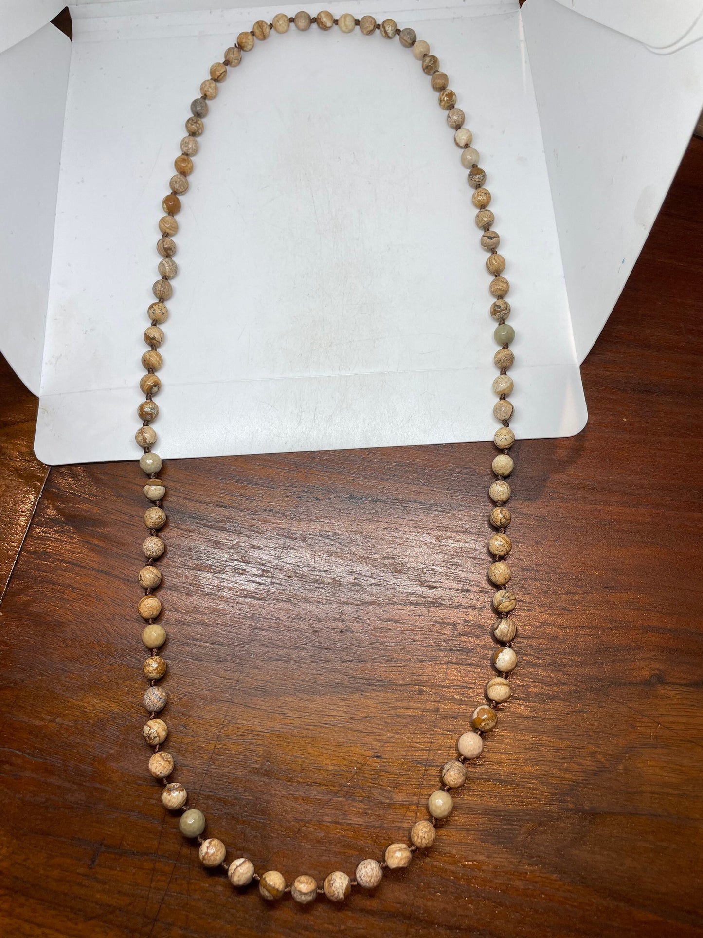 34 Inch Hand Knoted Vintage Brown Picture Agate Jasper beaded Necklace
