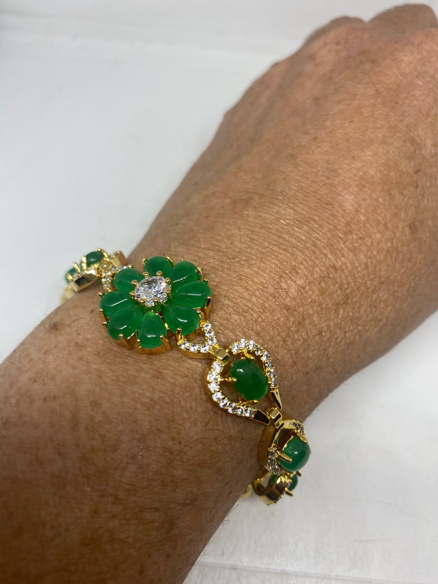 Vintage Green Jade Bracelet Golden White Bronze
