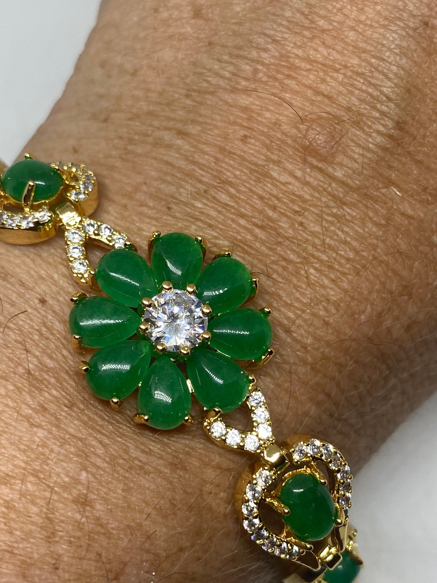Vintage Green Jade Bracelet Golden White Bronze