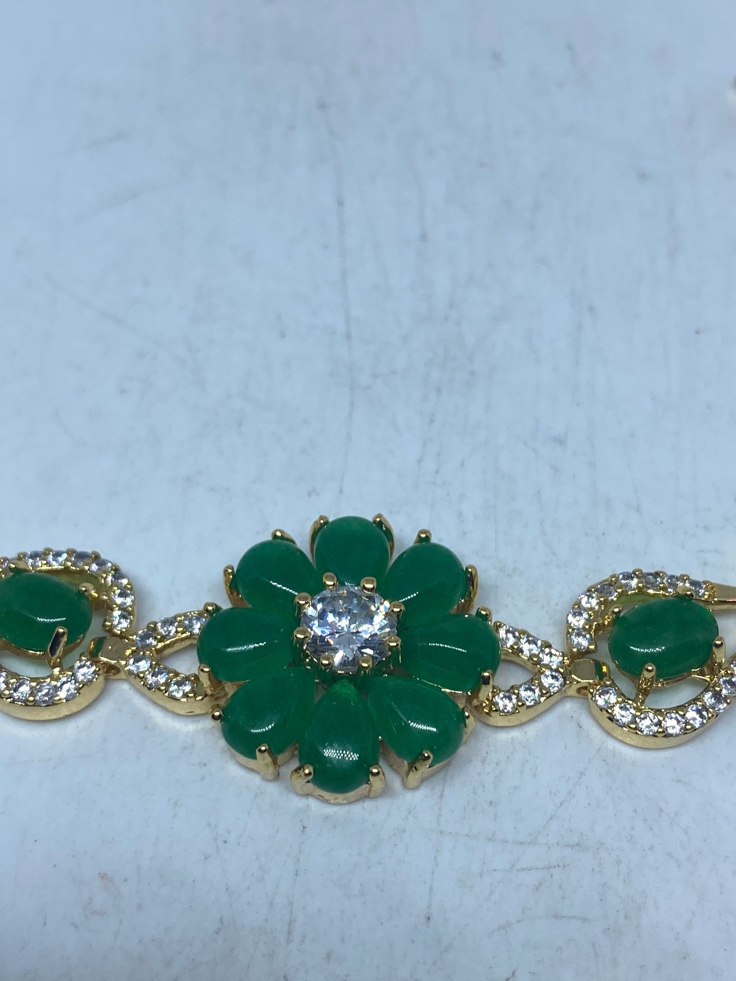 Vintage Green Jade Bracelet Golden White Bronze