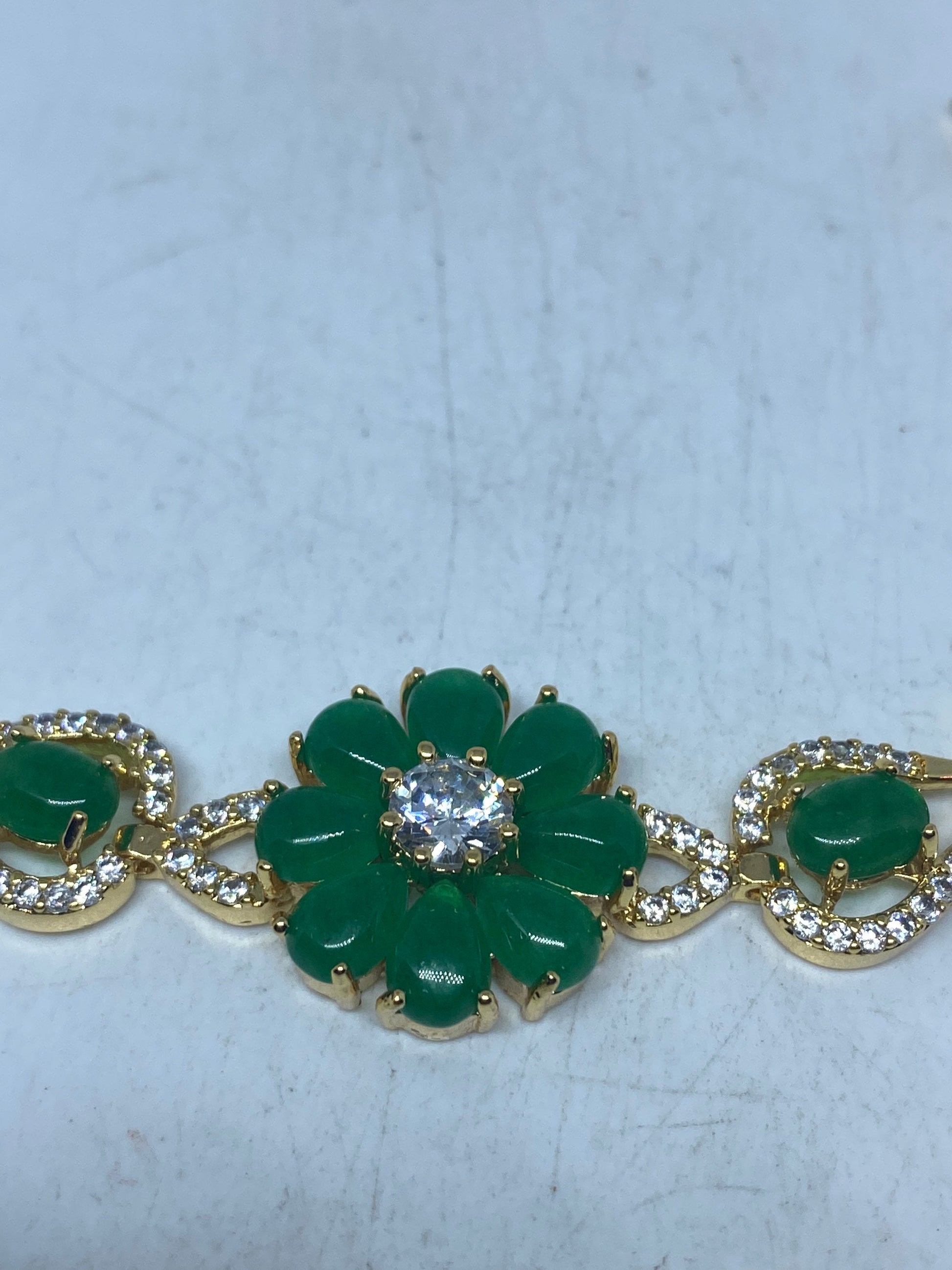Vintage Green Jade Bracelet Golden White Bronze