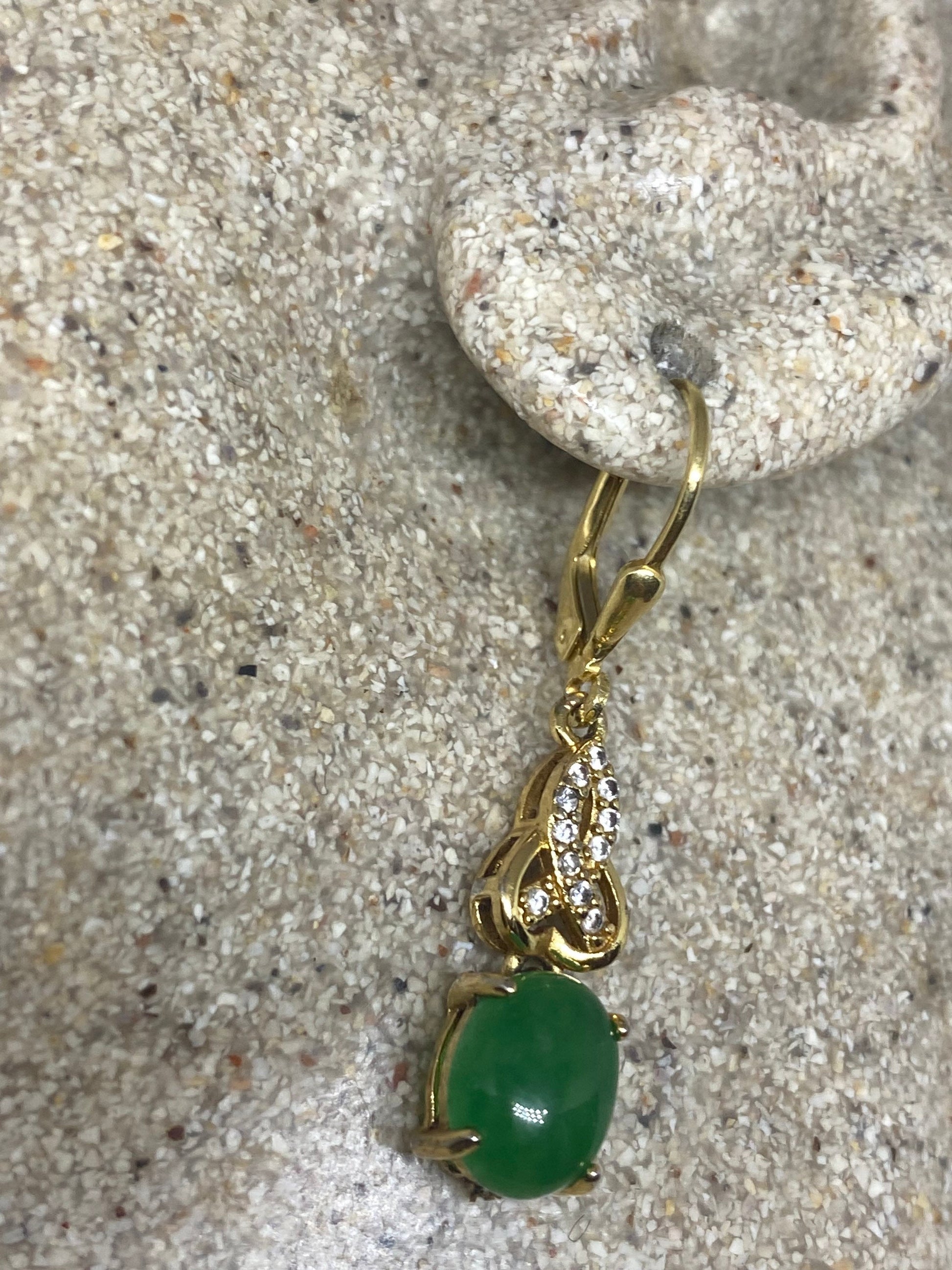 Vintage Fun Green Jade Gemstone Golden Bronze Gold filled Lever Back Earrings