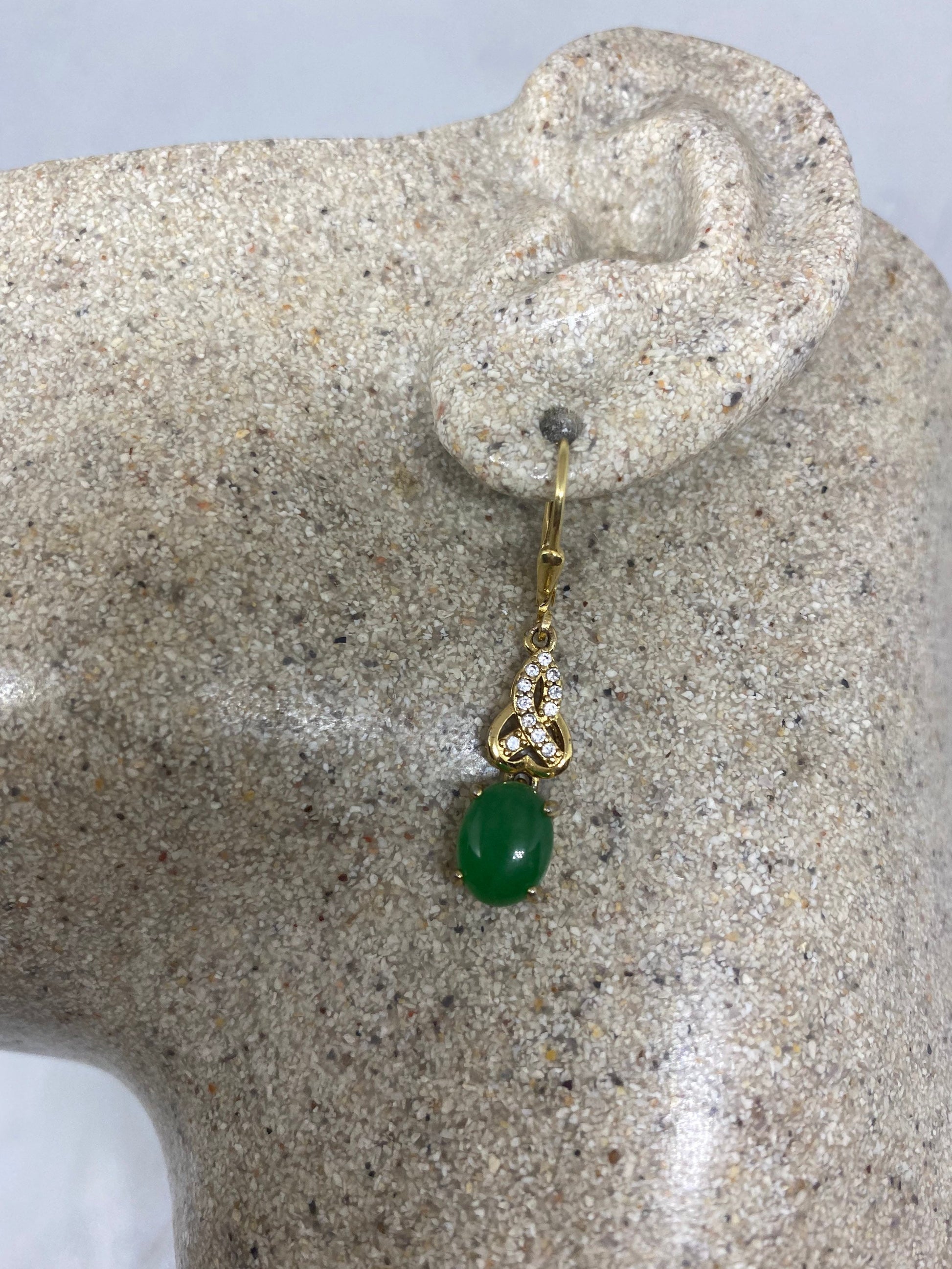 Vintage Fun Green Jade Gemstone Golden Bronze Gold filled Lever Back Earrings