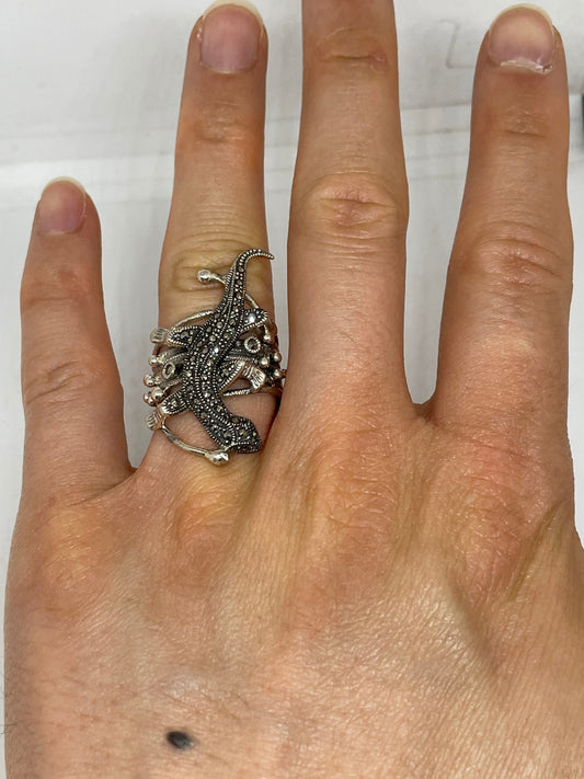 Vintage Swiss Marcasite 925 Sterling Silver Lizard Ring Size 8.5