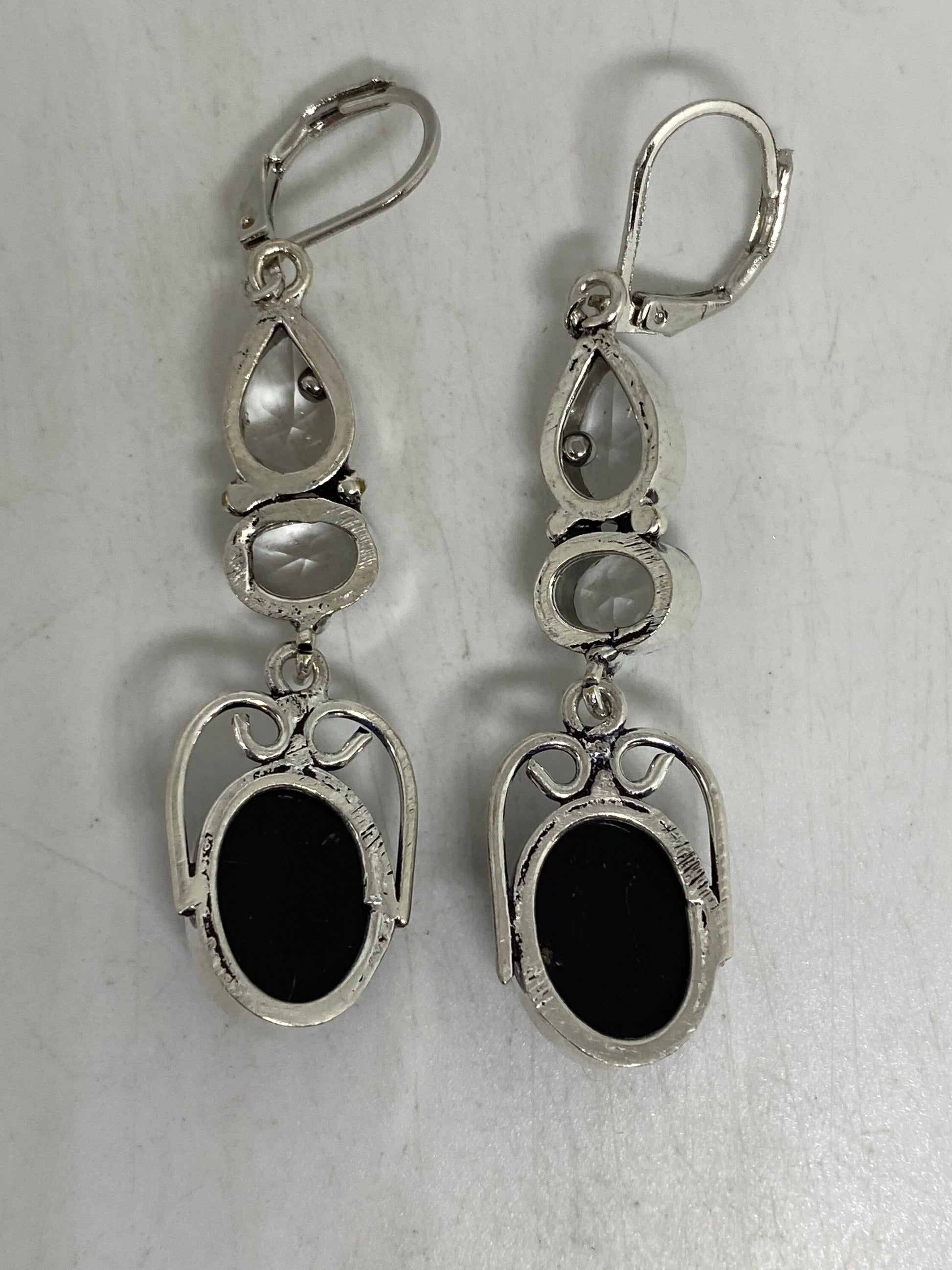 Vintage Black Onyx Earrings 925 Sterling Silver Deco Dangle Chandelier