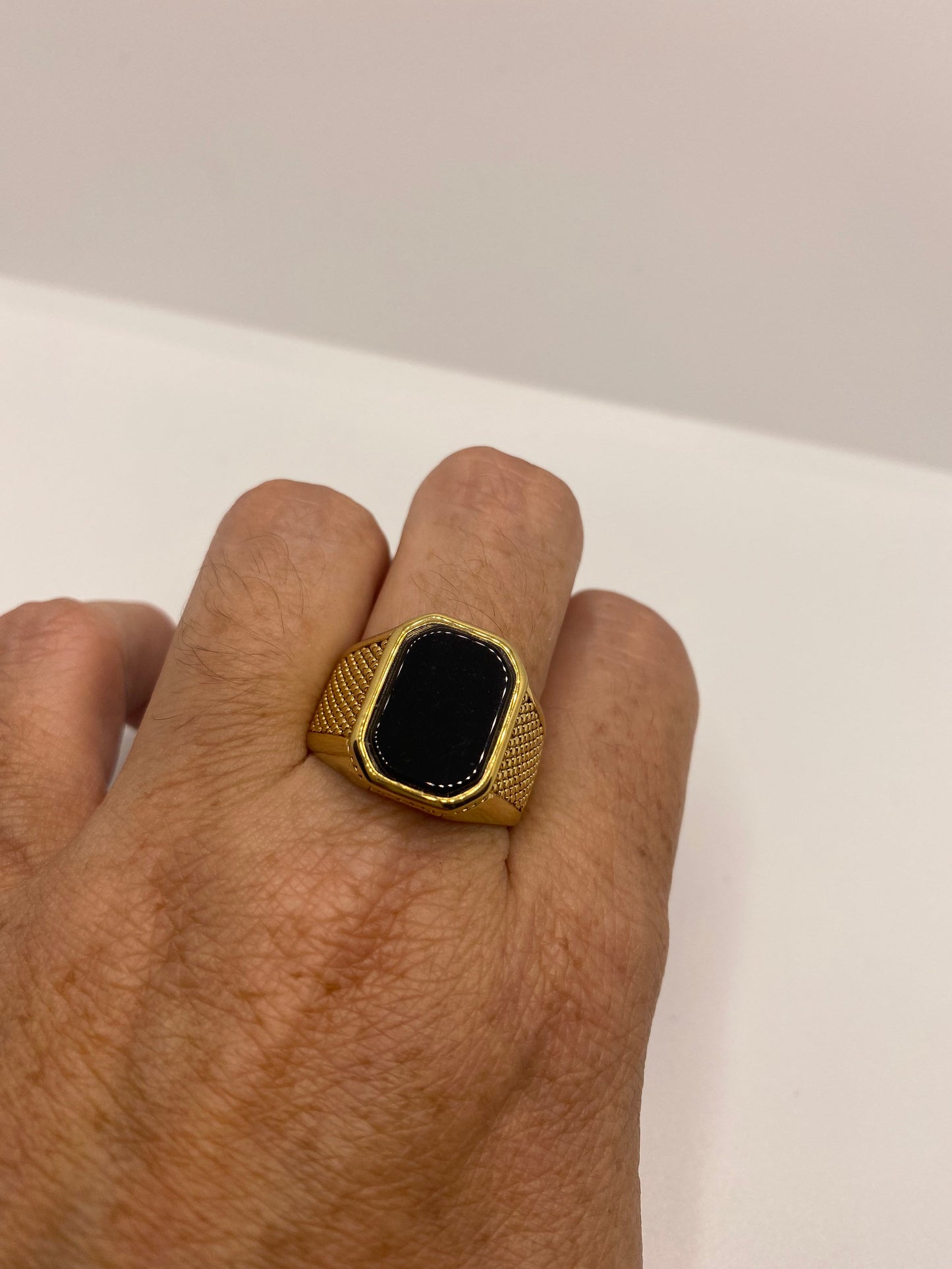 Vintage Golden Stainless Steel Black Onyx Genuine Ring