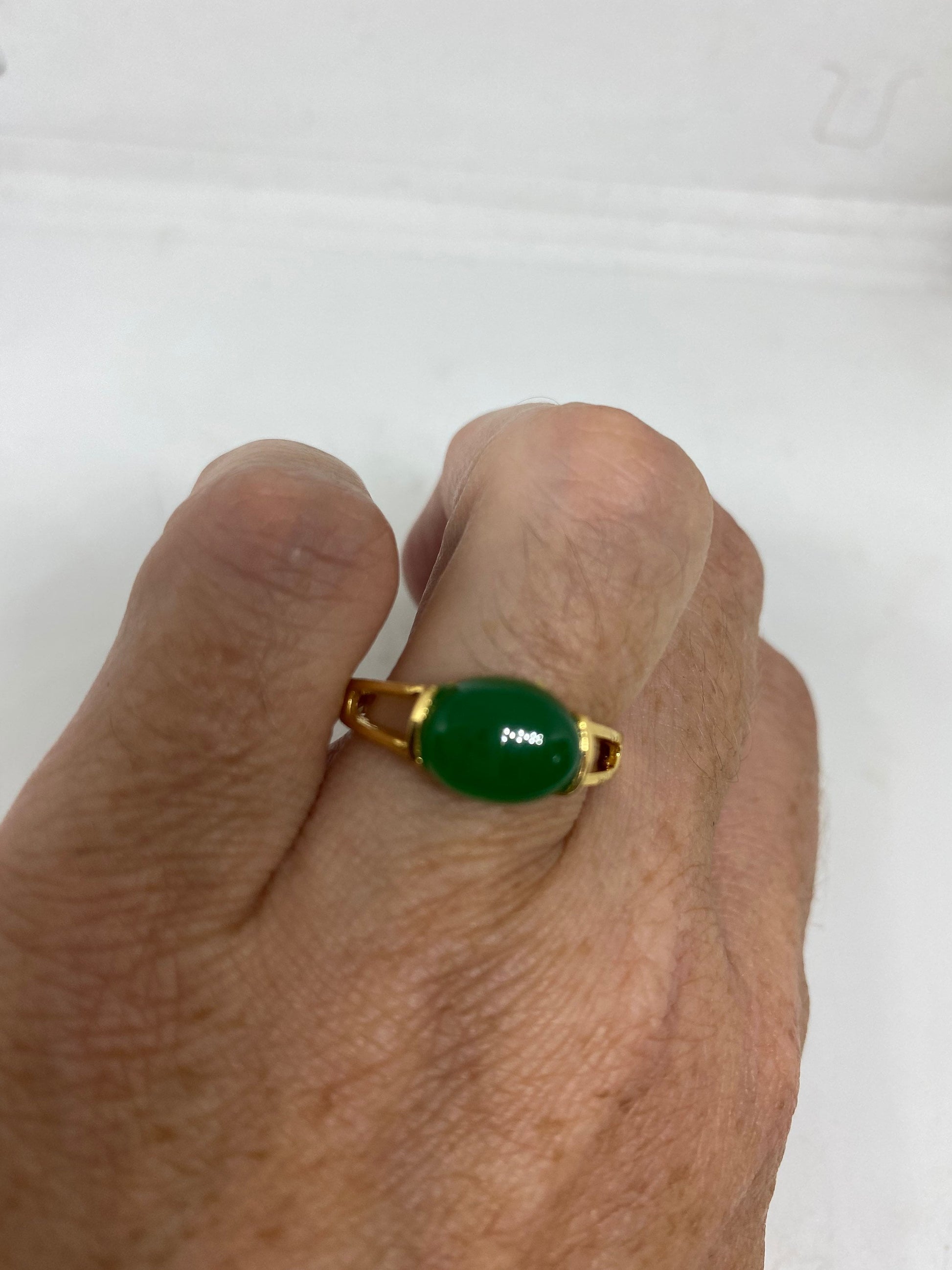 Vintage Lucky Green Nephrite Jade Gold Filled Cocktail Ring