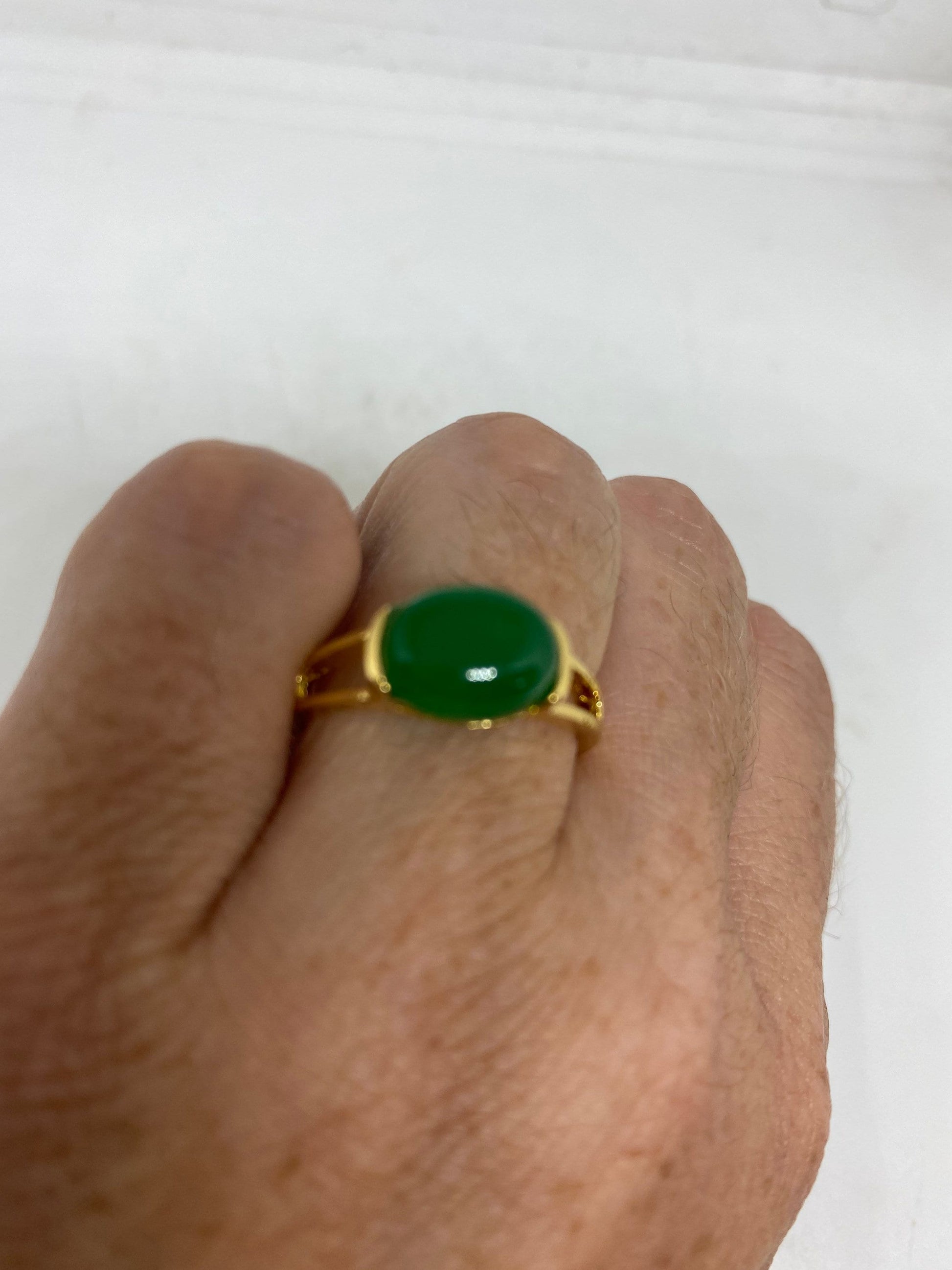 Vintage Lucky Green Nephrite Jade Gold Filled Cocktail Ring