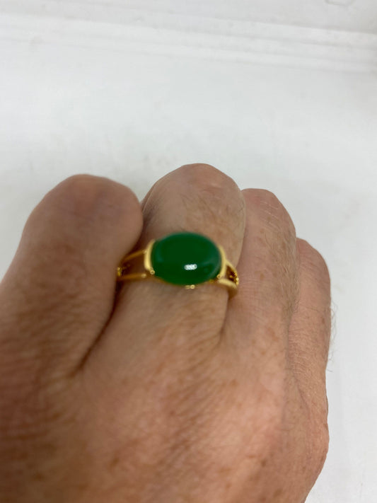 Vintage Lucky Green Nephrite Jade Gold Filled Cocktail Ring