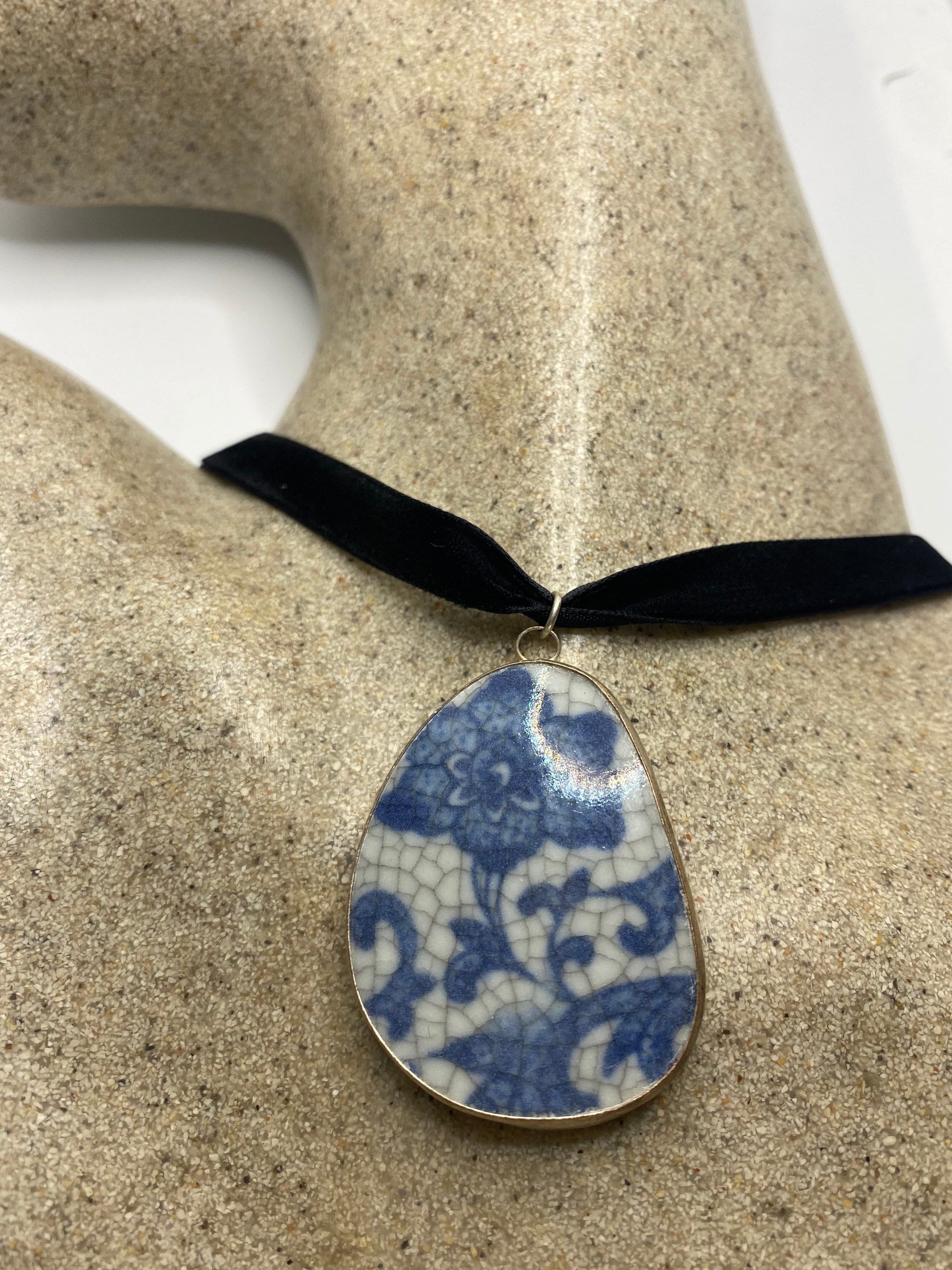 Vintage Handmade painted porcelain Silver Pendant