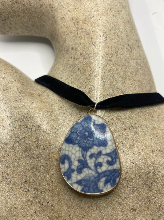 Vintage Handmade painted porcelain Silver Pendant