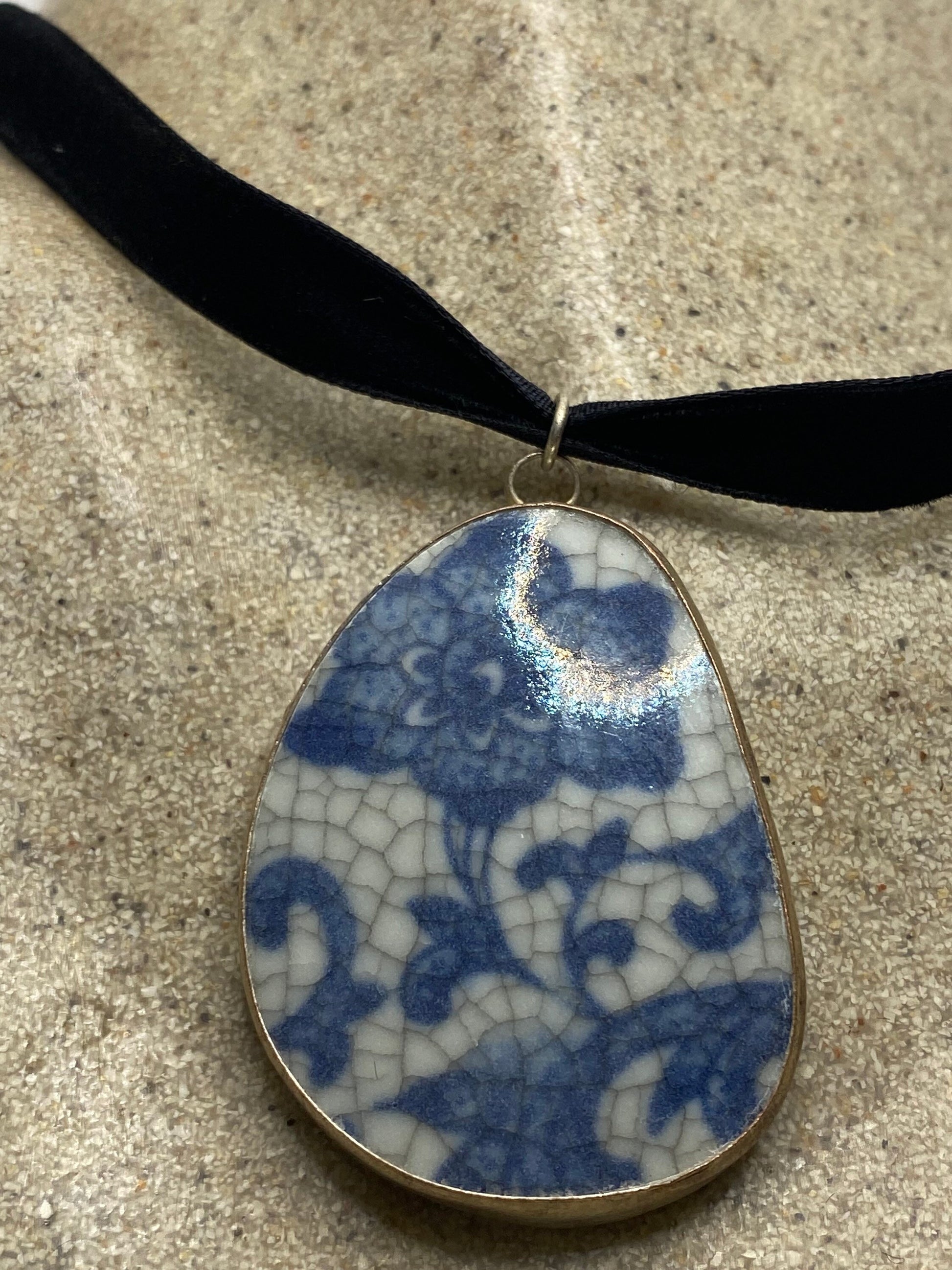 Vintage Handmade painted porcelain Silver Pendant