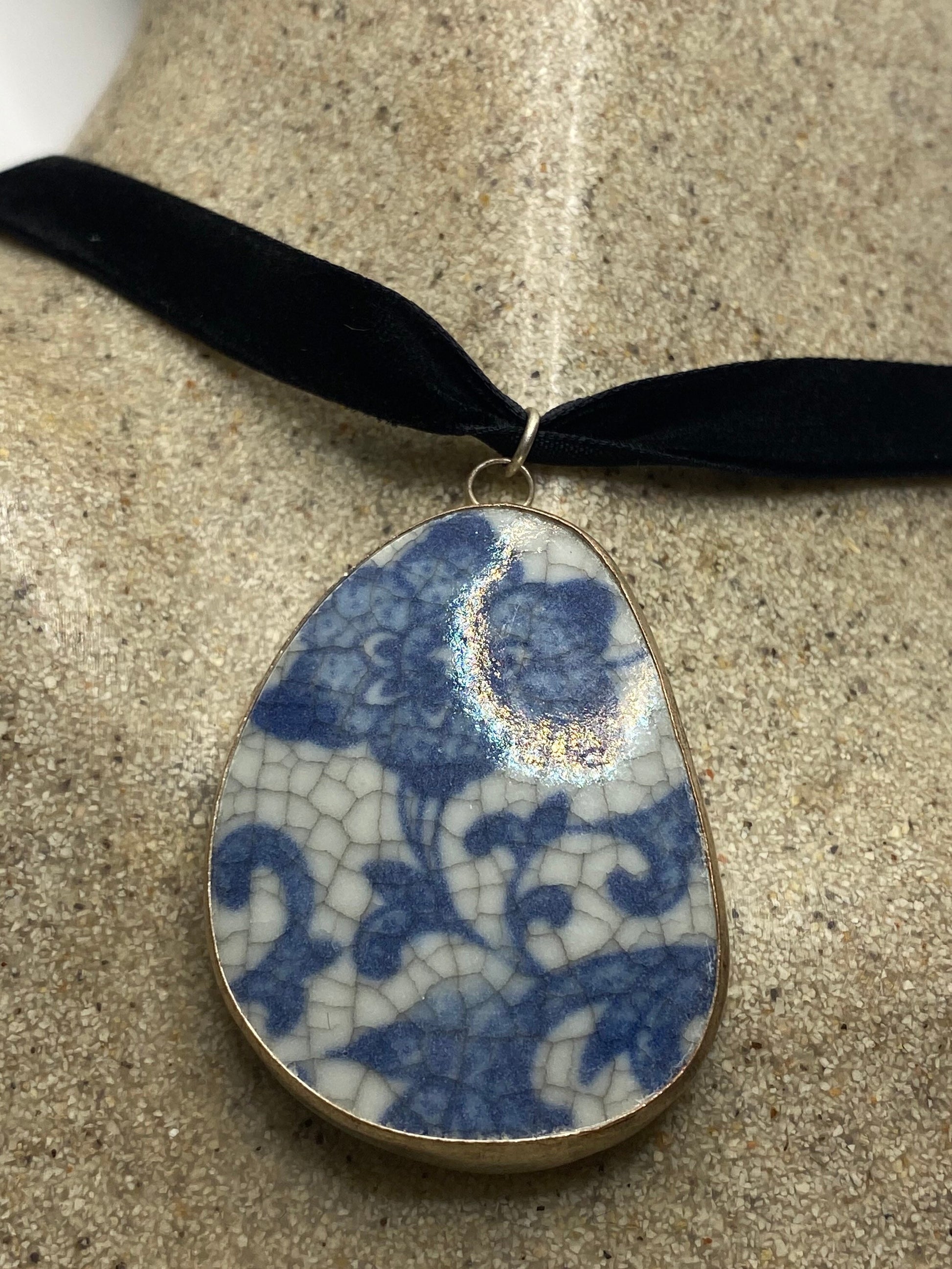 Vintage Handmade painted porcelain Silver Pendant