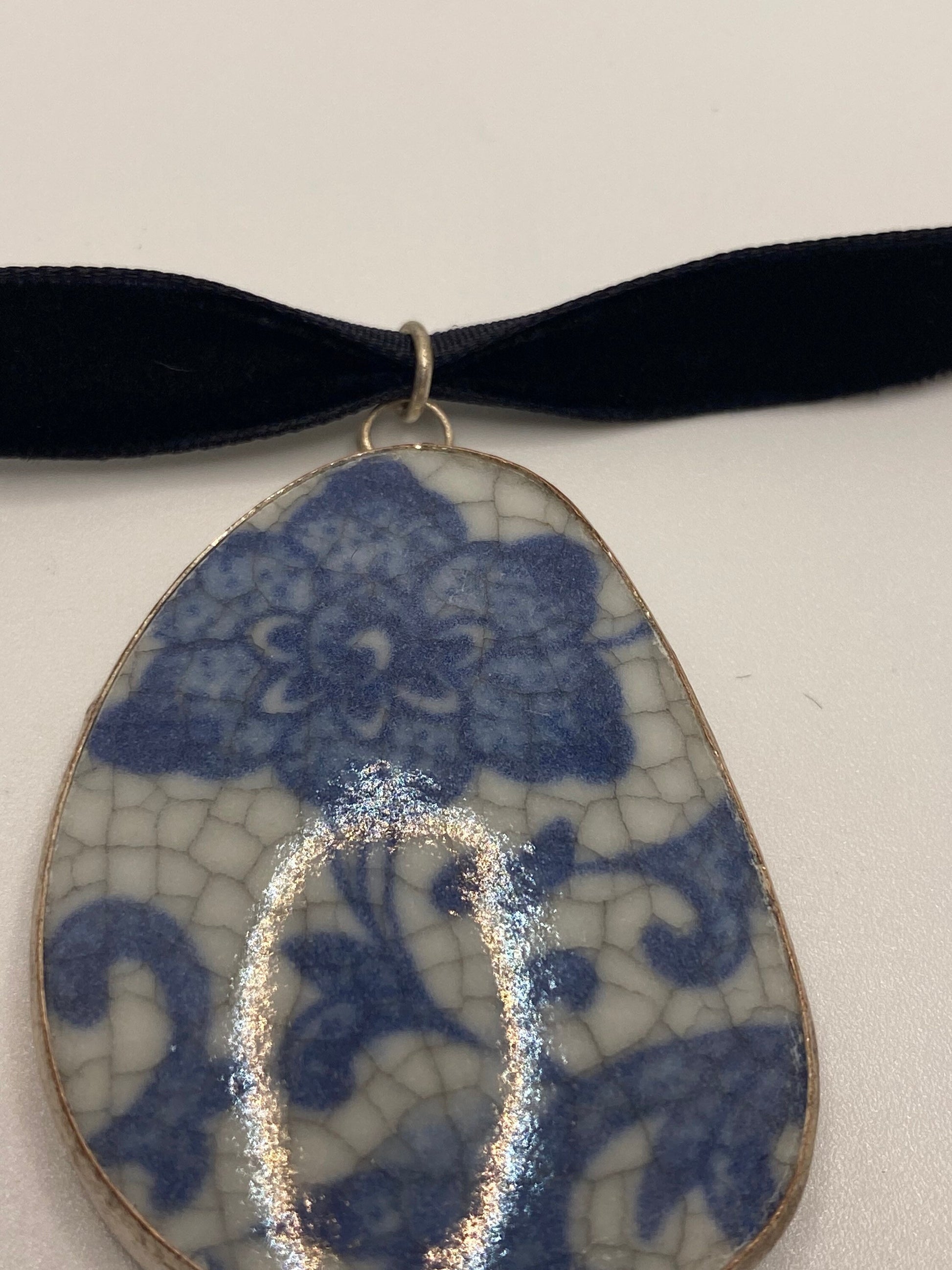 Vintage Handmade painted porcelain Silver Pendant