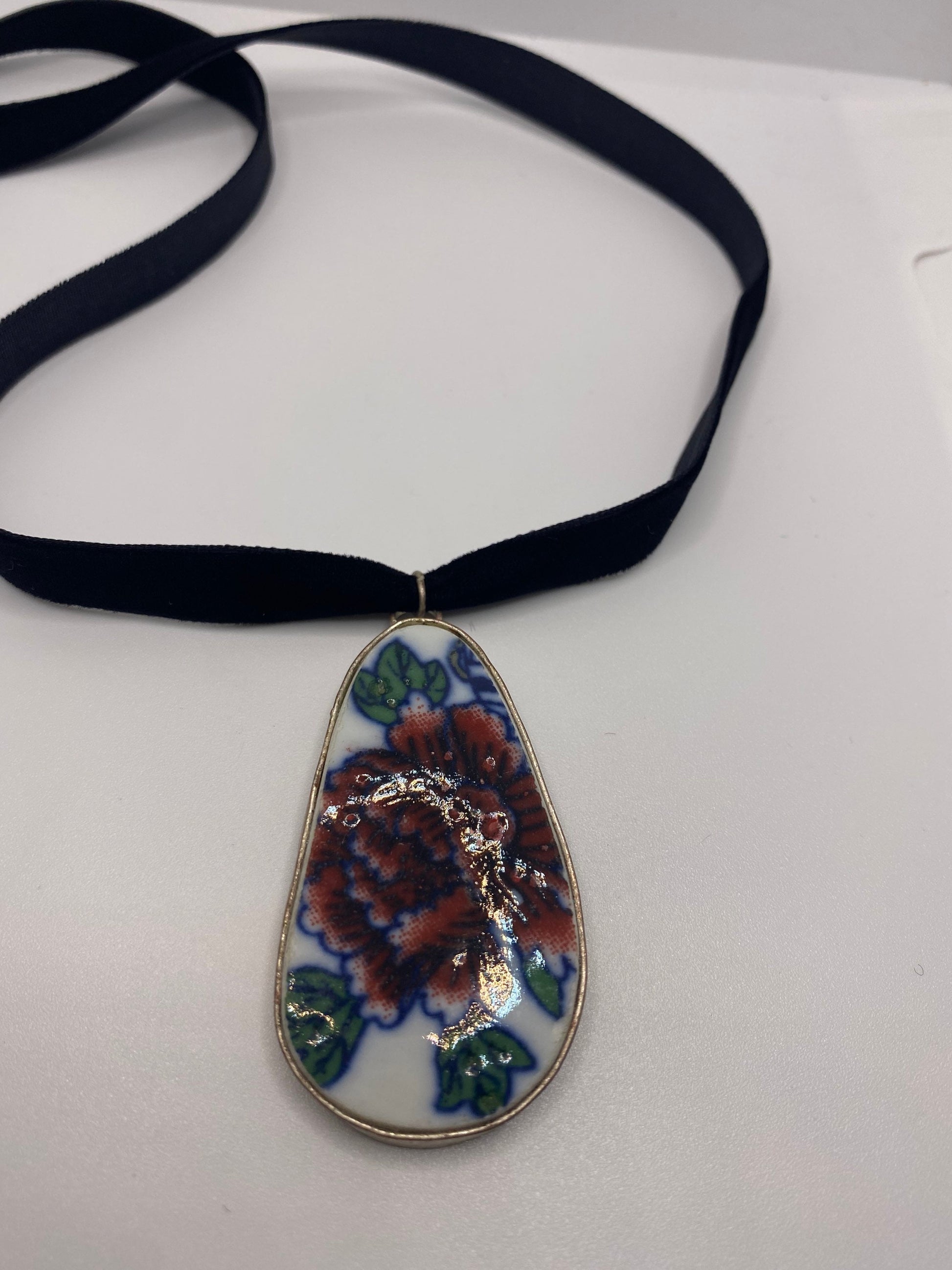 Vintage Handmade painted porcelain Silver Pendant