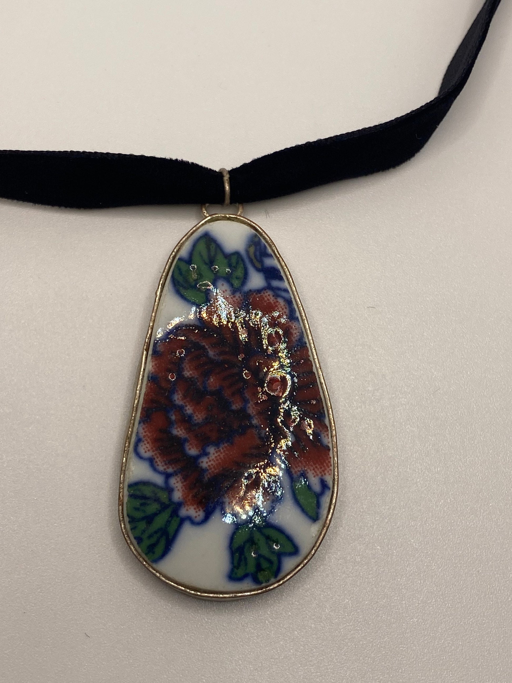 Vintage Handmade painted porcelain Silver Pendant