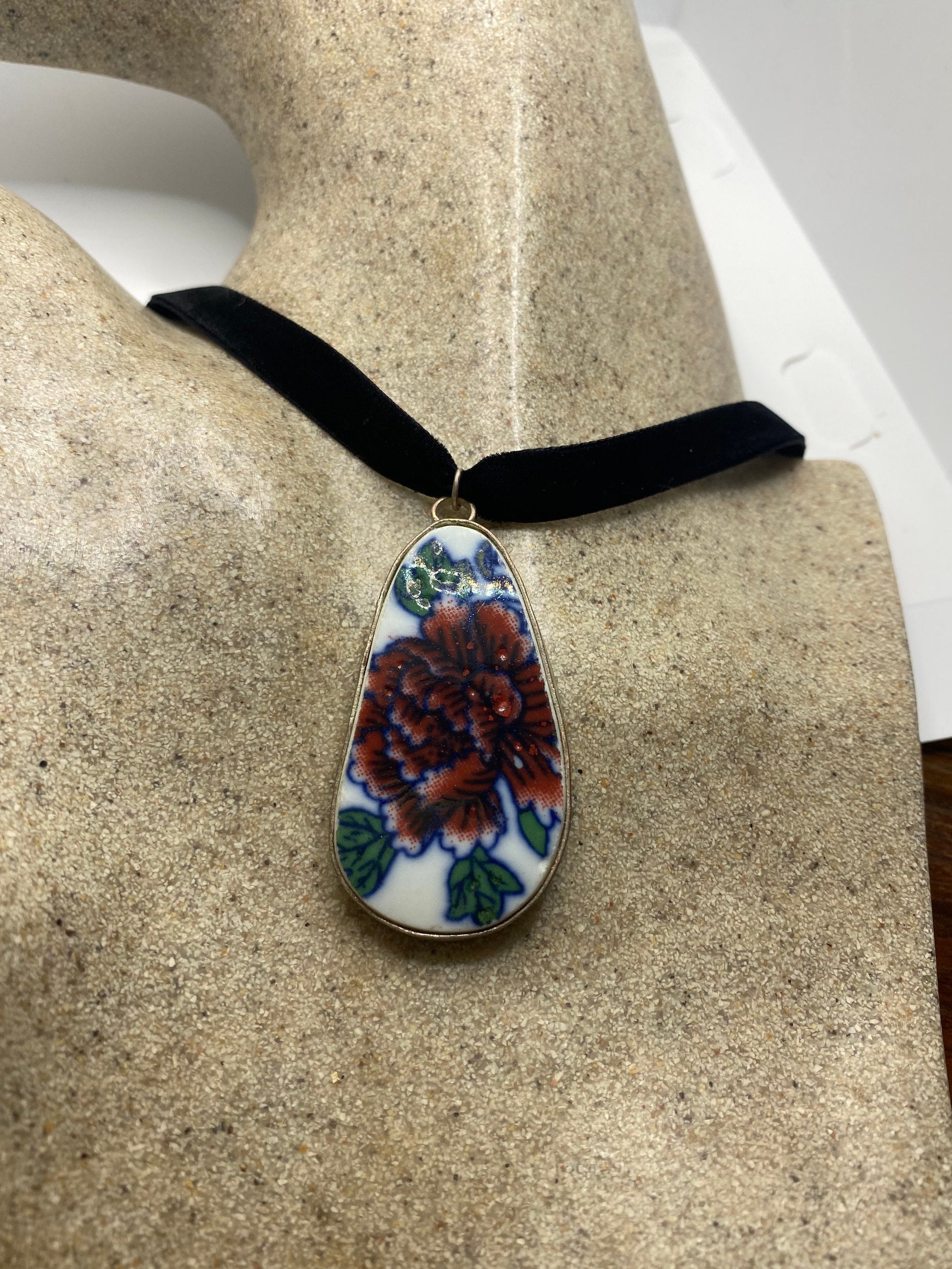 Vintage Handmade painted porcelain Silver Pendant