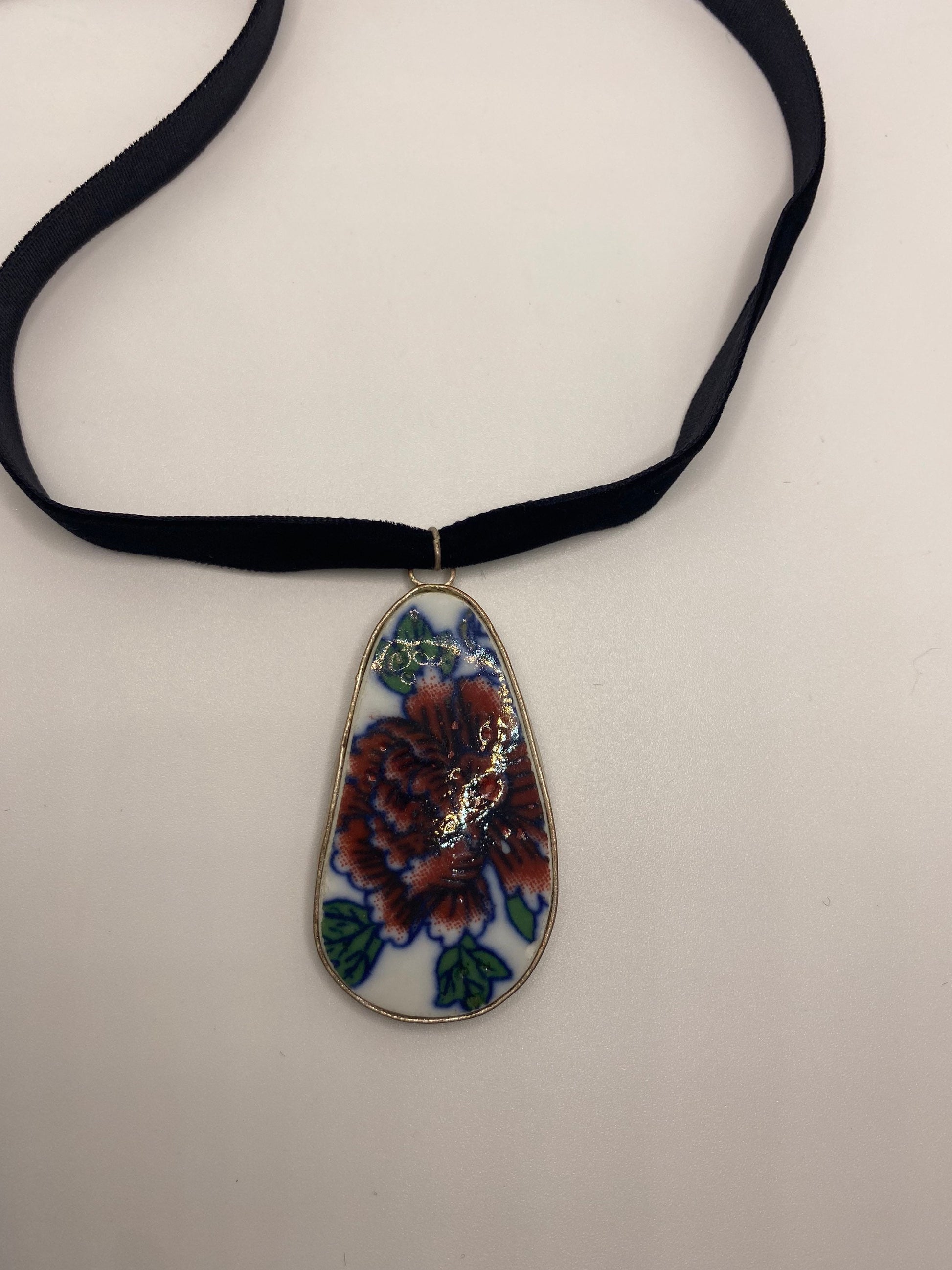 Vintage Handmade painted porcelain Silver Pendant