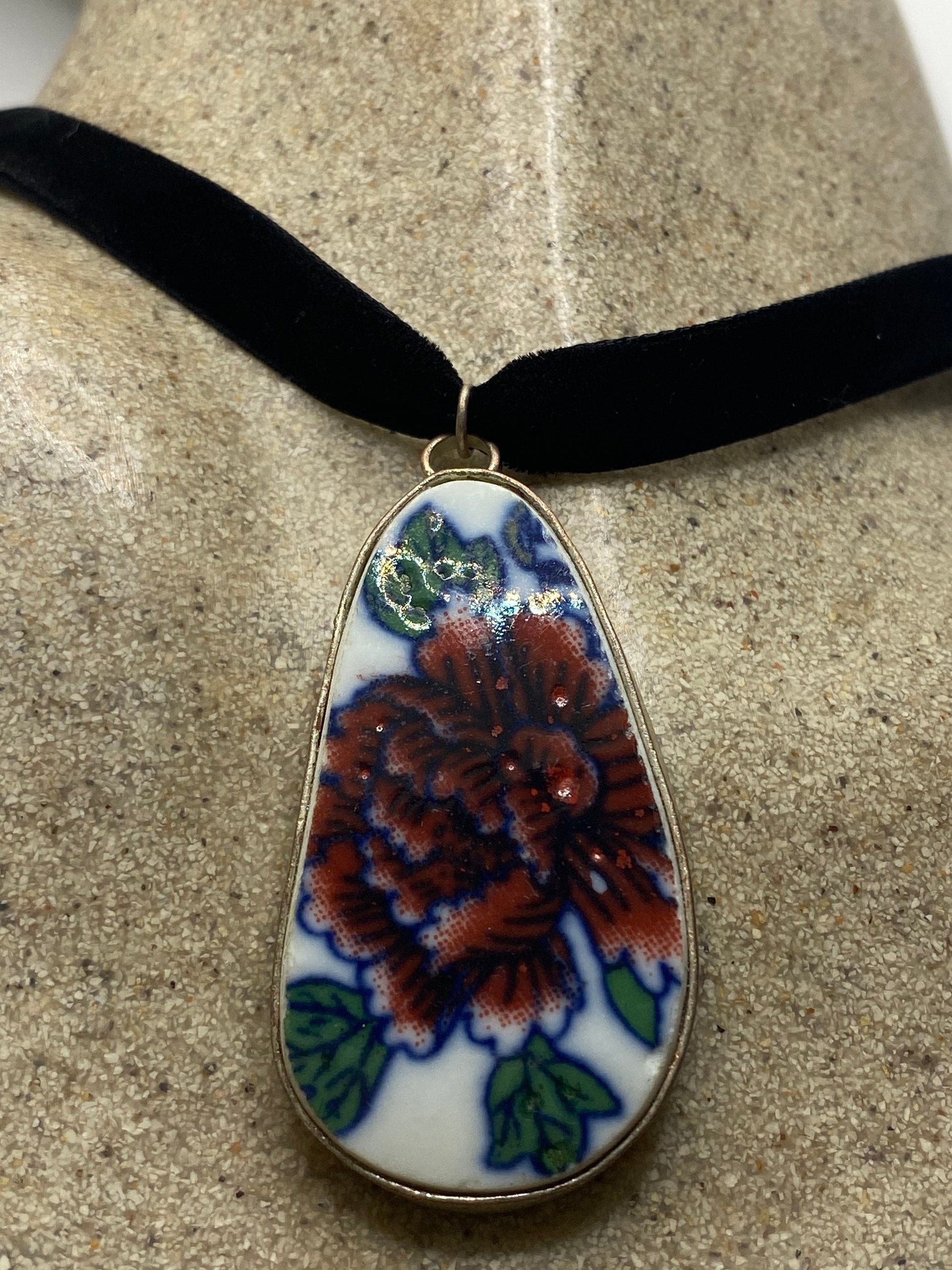 Vintage Handmade painted porcelain Silver Pendant