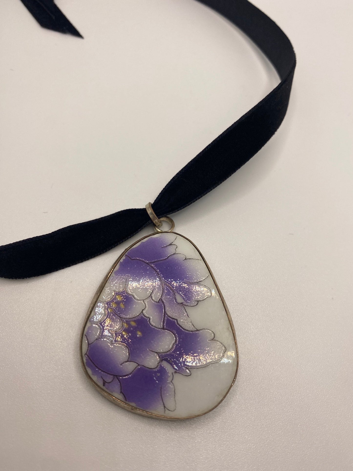 Vintage Handmade painted porcelain Silver Pendant