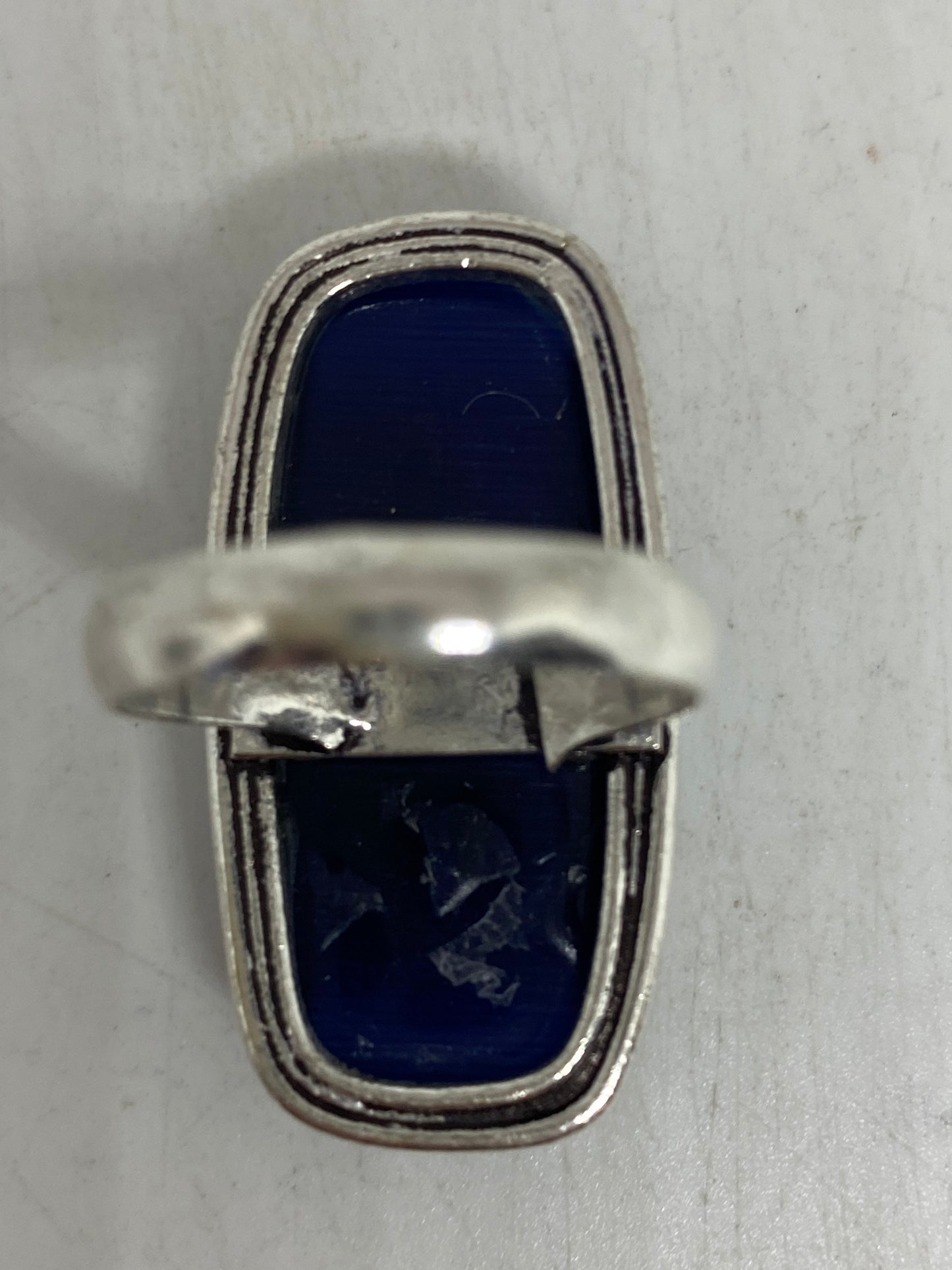 Vintage Dark Blue Cats Eye Art Glass Ring Size 7.75