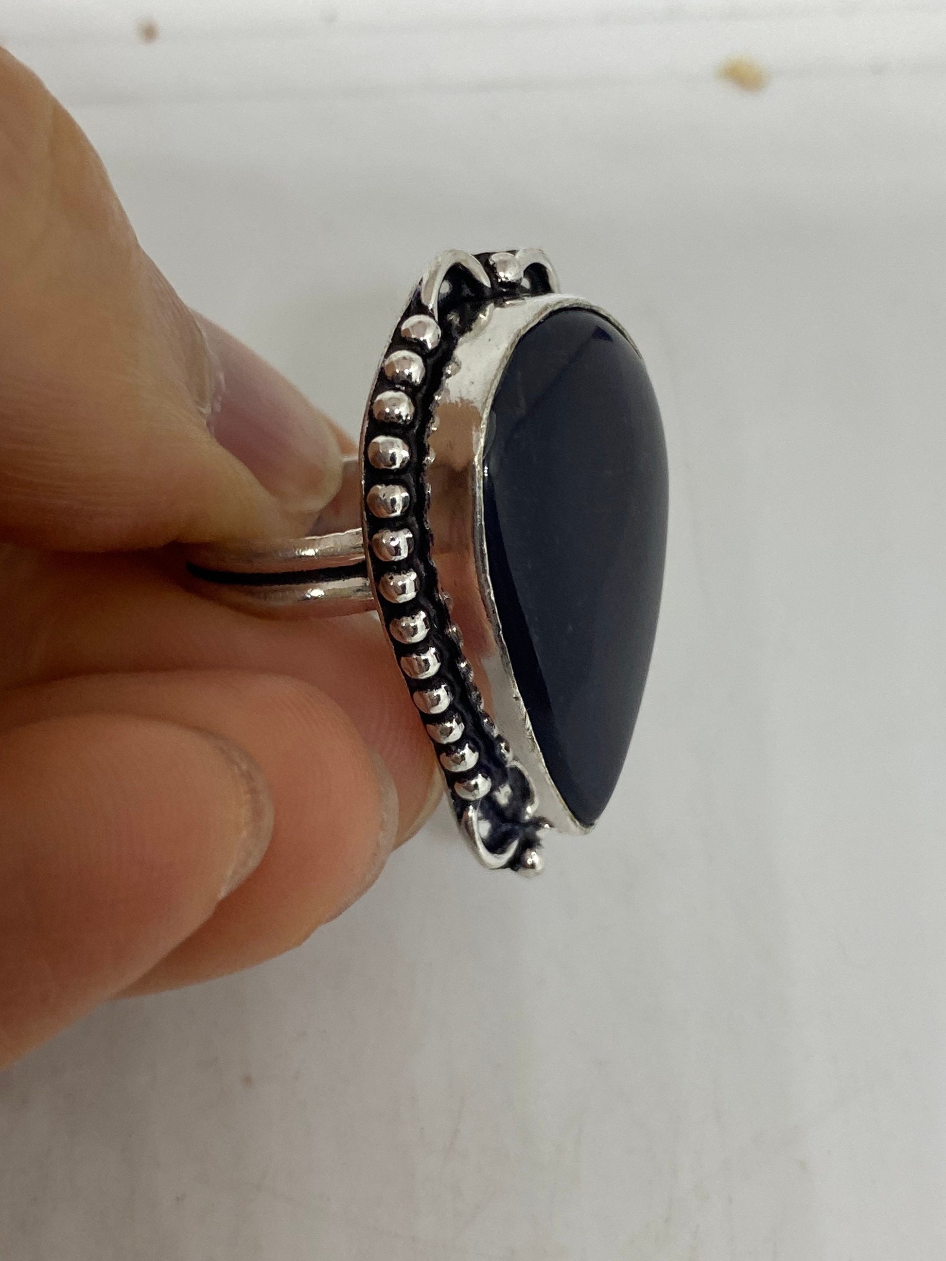 Vintage Black Obsidian Silver Cocktail Ring Size 7.5