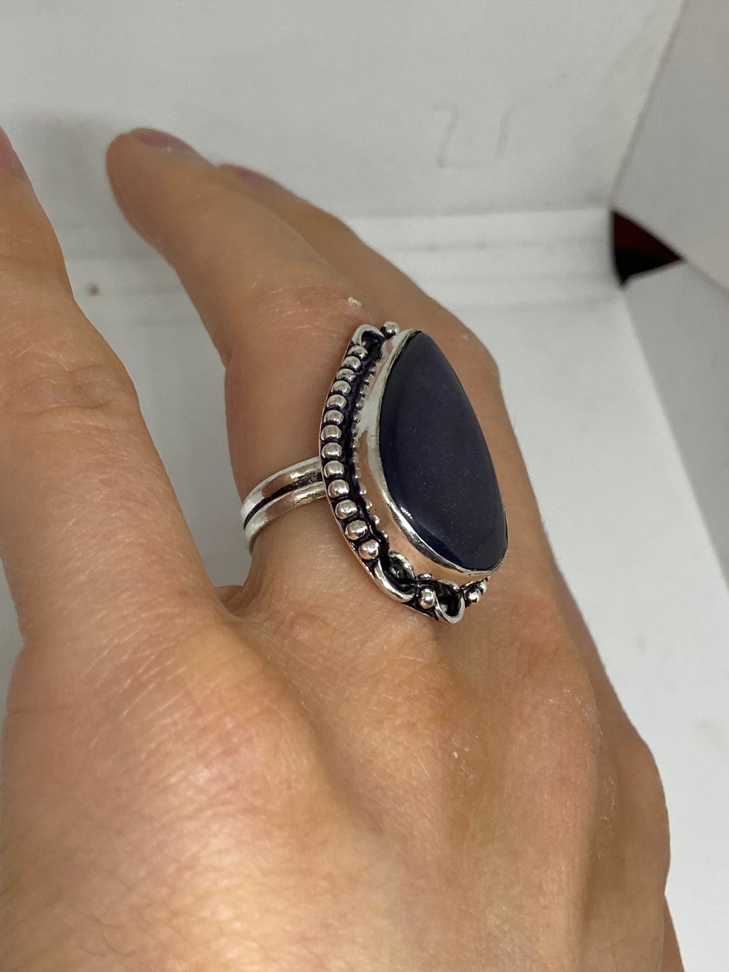 Vintage Black Obsidian Silver Cocktail Ring Size 7.5