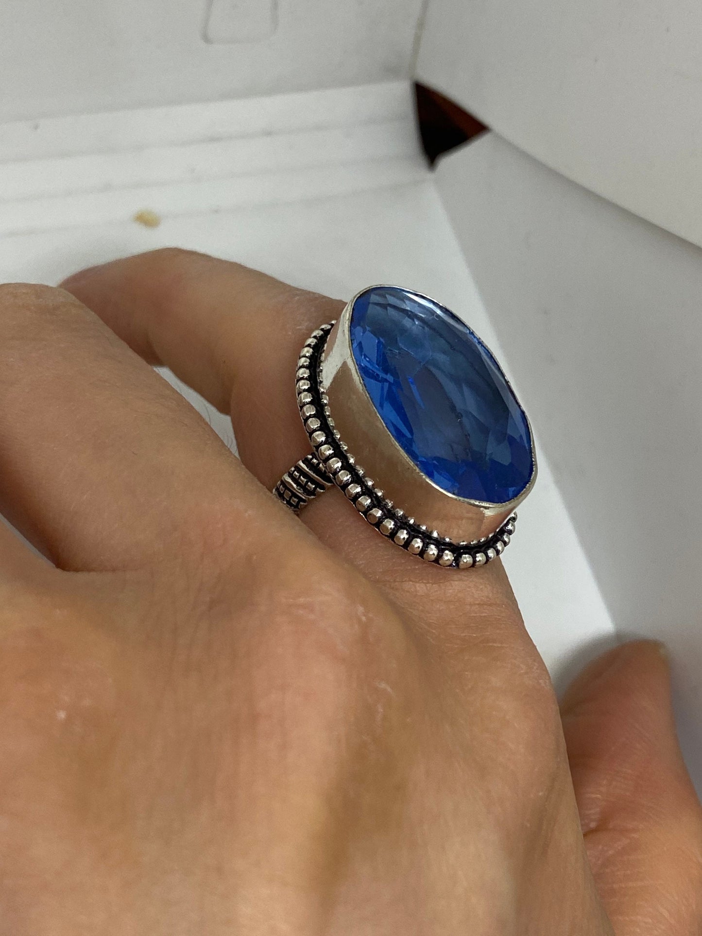 Vintage Blue Vintage Art Glass Ring About 1 Inch Long Knuckle Ring