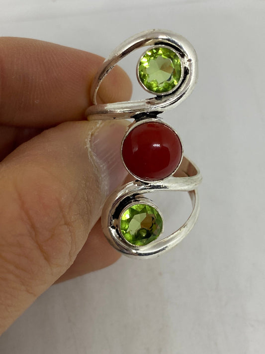 Vintage Peridot Red Silver Ring Adjustable