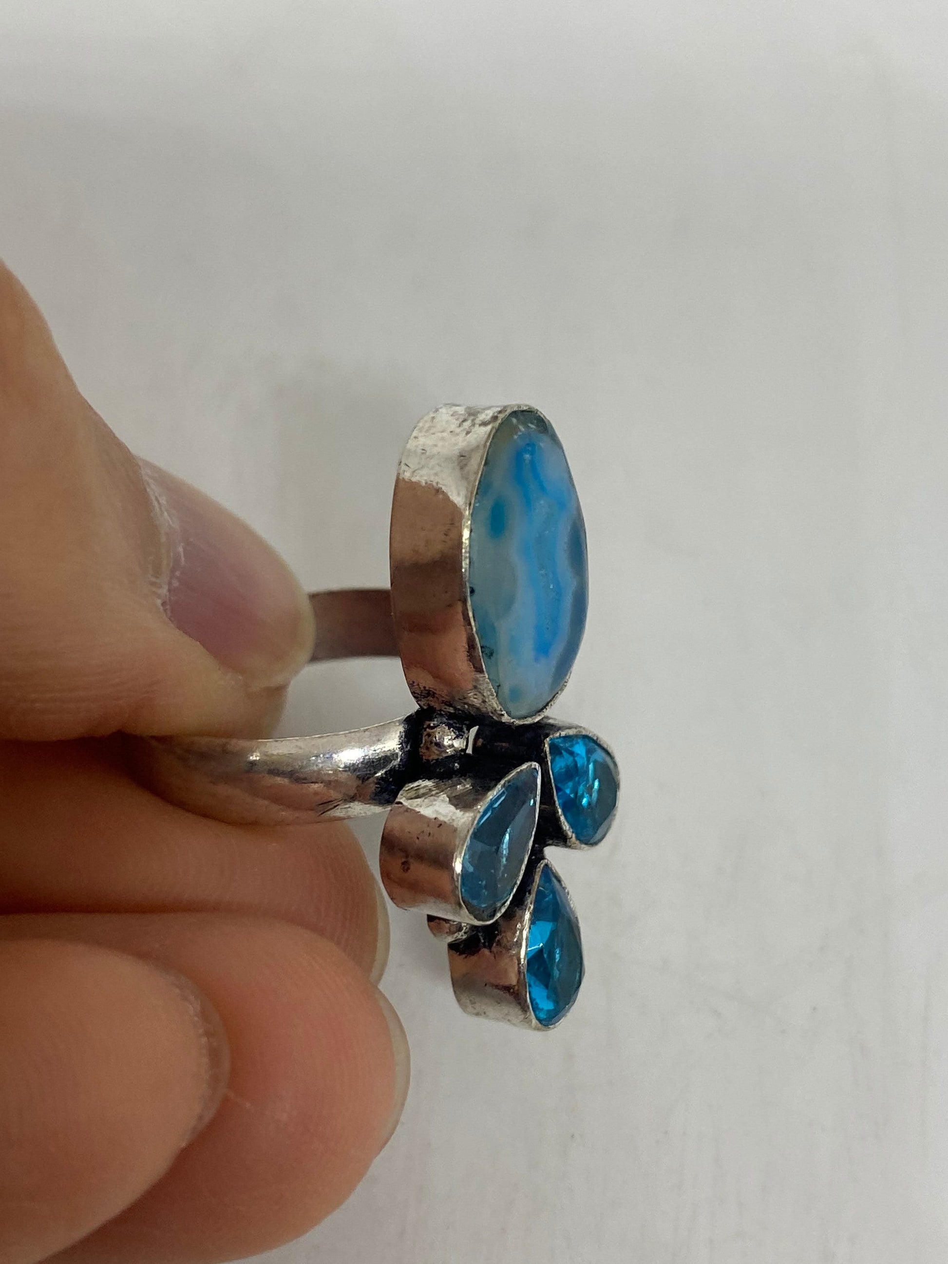Vintage Blue Topaz and agate Silver Ring Size 7.5