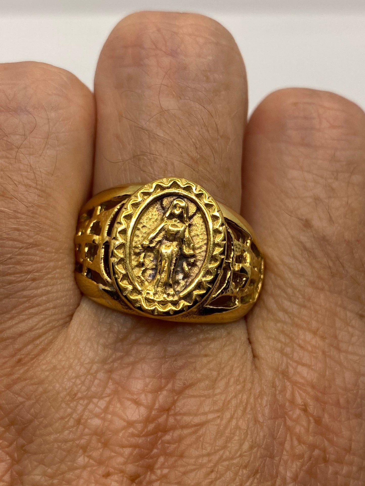 Vintage Mother Mary Saint Mens Ring Golden Stainless Steel