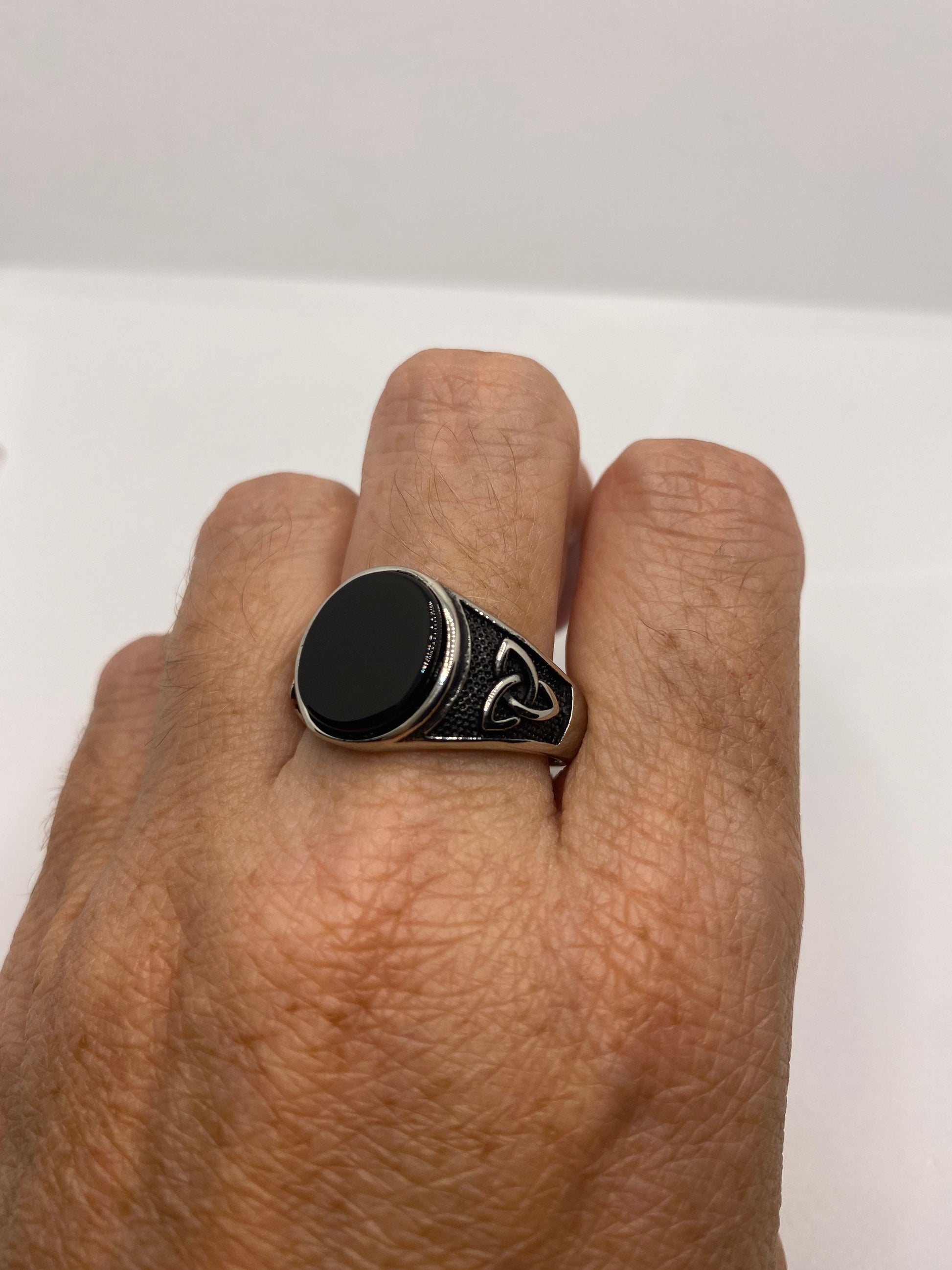 Vintage Celtic Black Onyx Stainless Steel Mens Ring