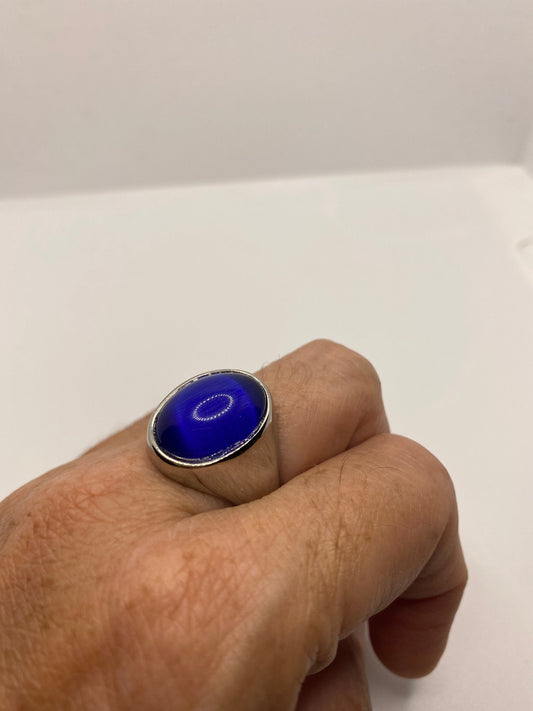 Vintage Blue Cats Eye Glass Mens Ring Stainless Steel