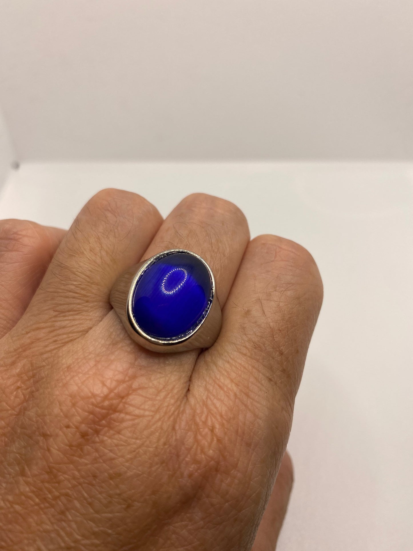 Vintage Blue Cats Eye Glass Mens Ring Stainless Steel