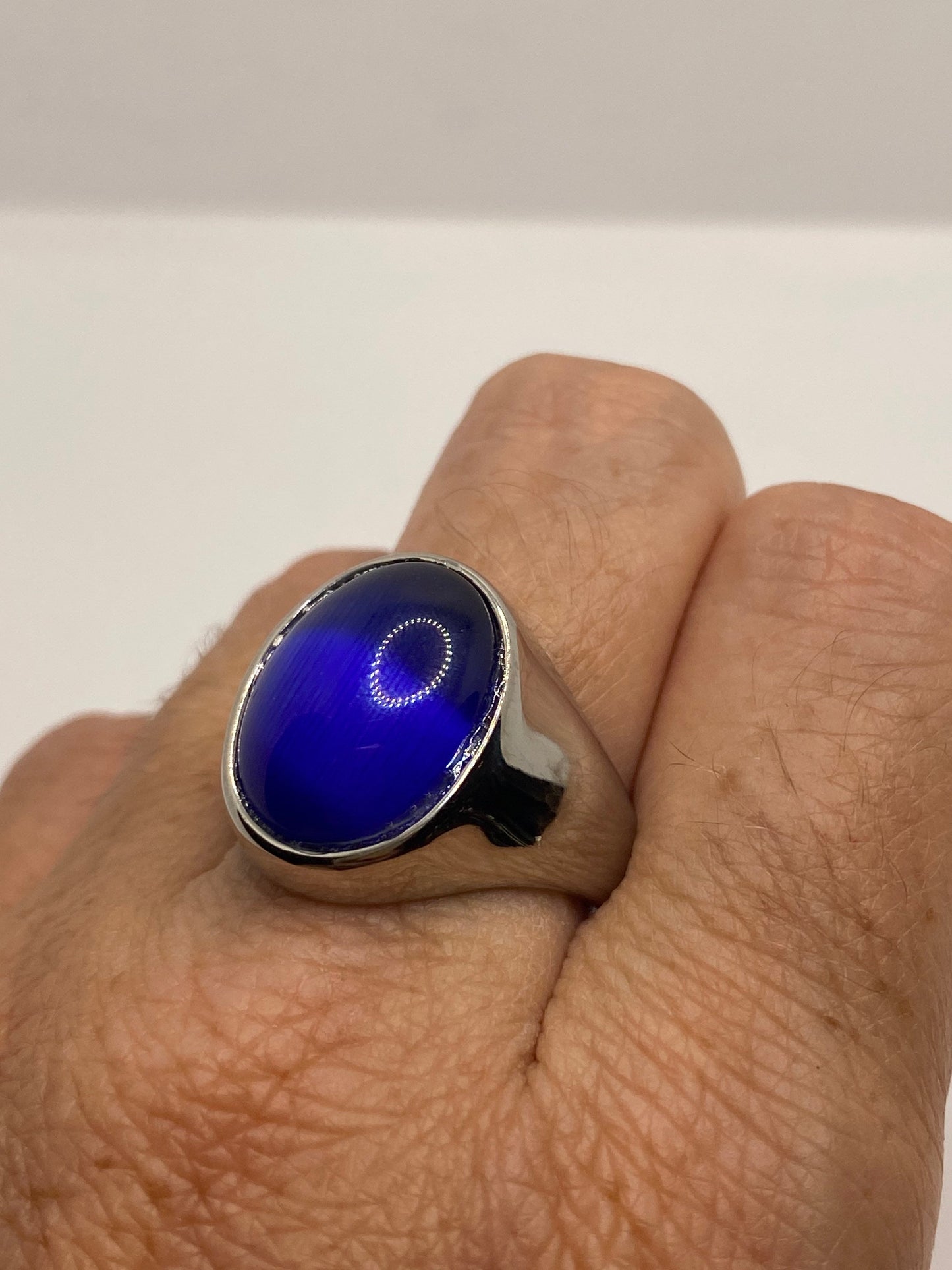 Vintage Blue Cats Eye Glass Mens Ring Stainless Steel