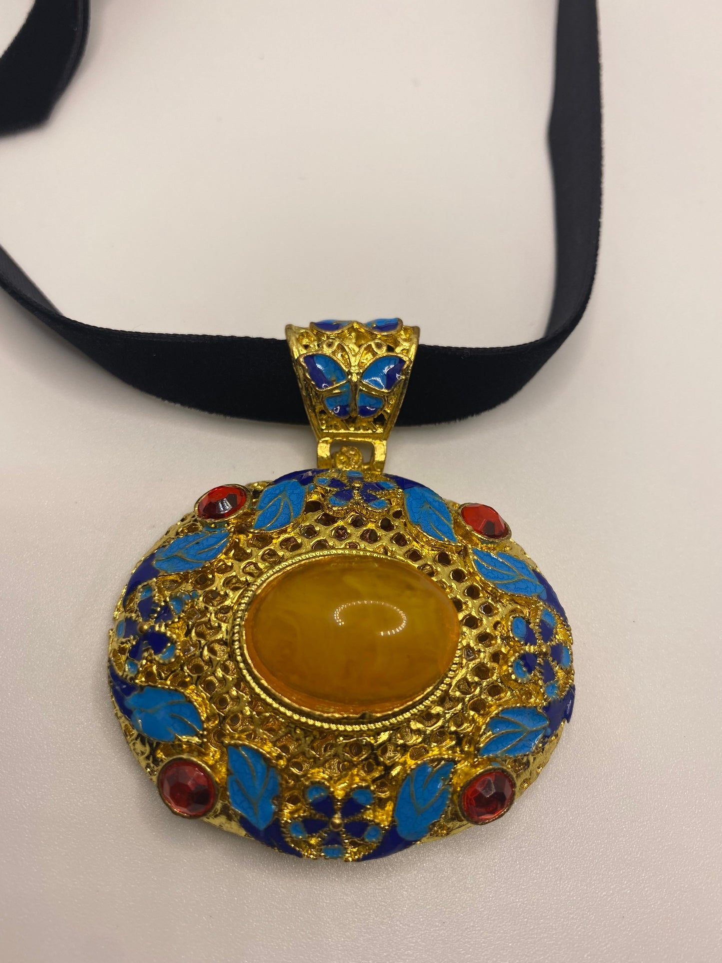 Vintage Cloisonné Choker Pendant Necklace Golden with Blue Enamel