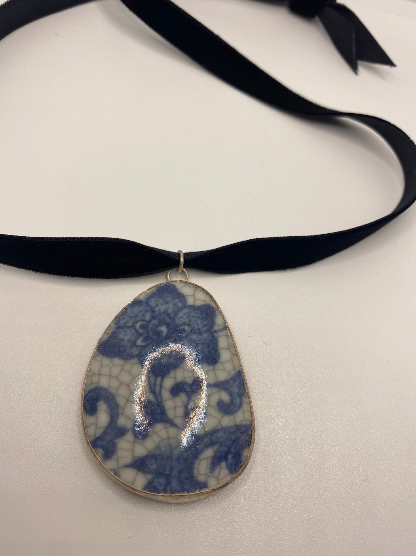 Vintage Handmade painted porcelain Silver Pendant