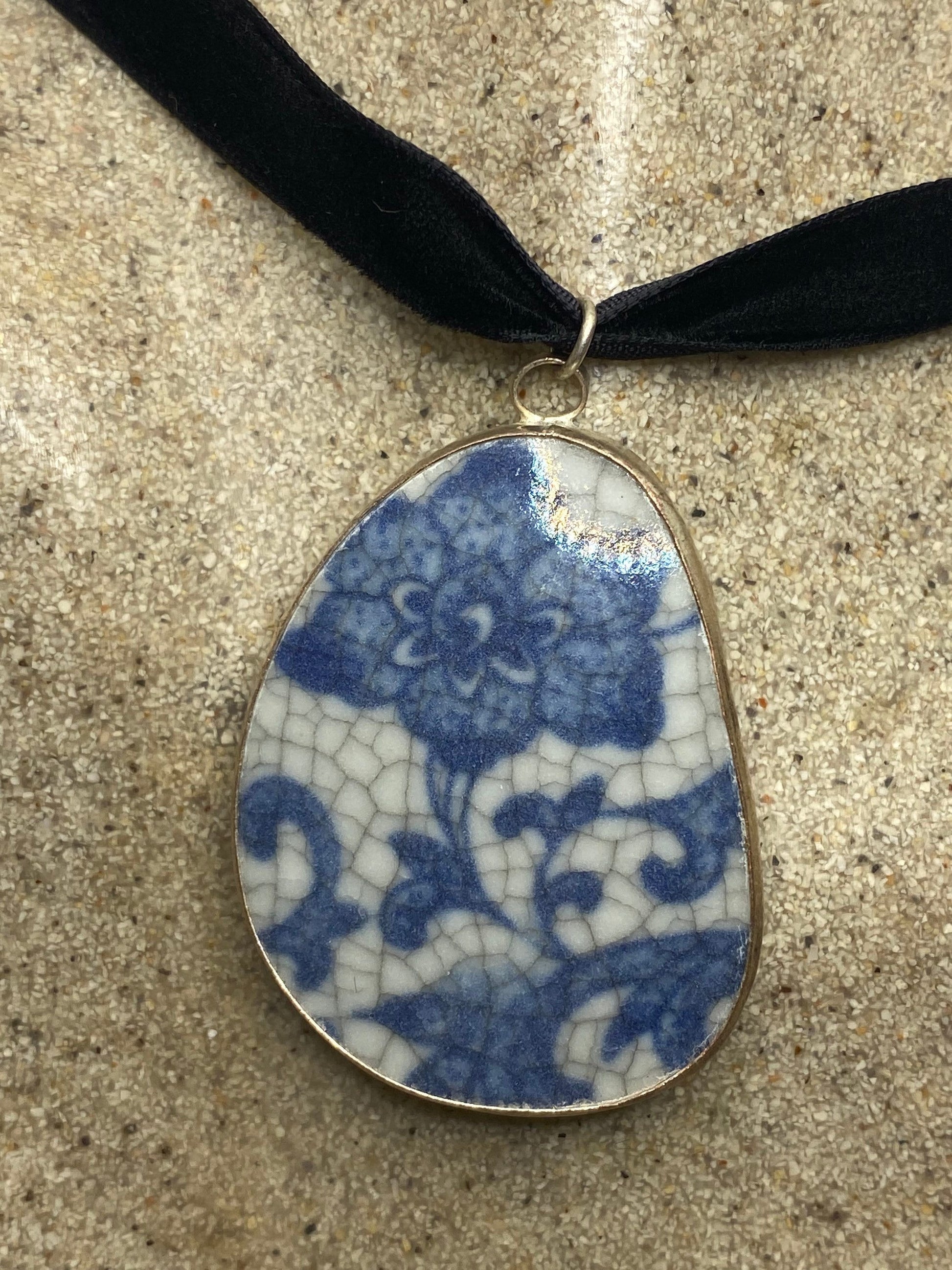 Vintage Handmade painted porcelain Silver Pendant