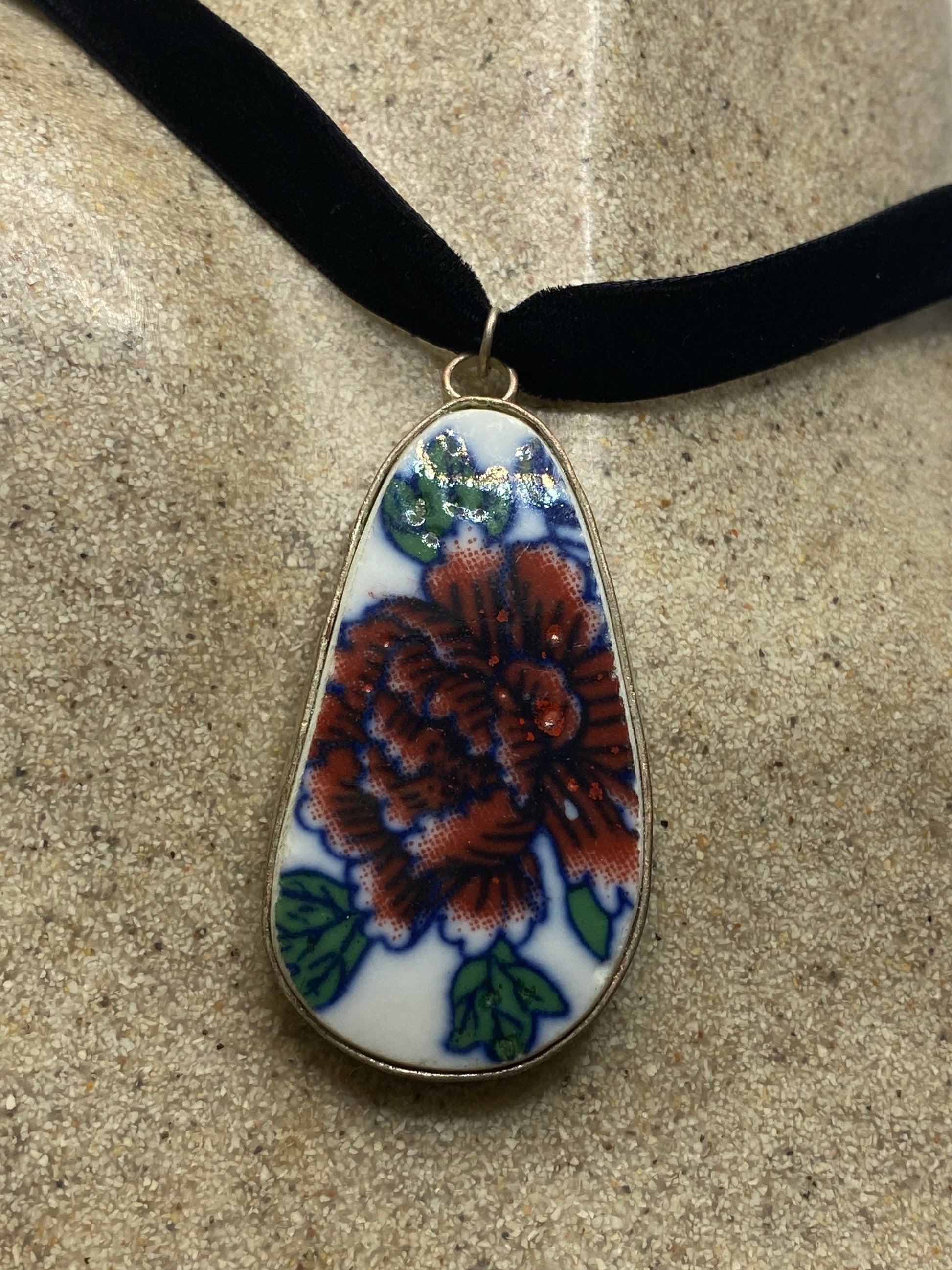 Vintage Handmade painted porcelain Silver Pendant