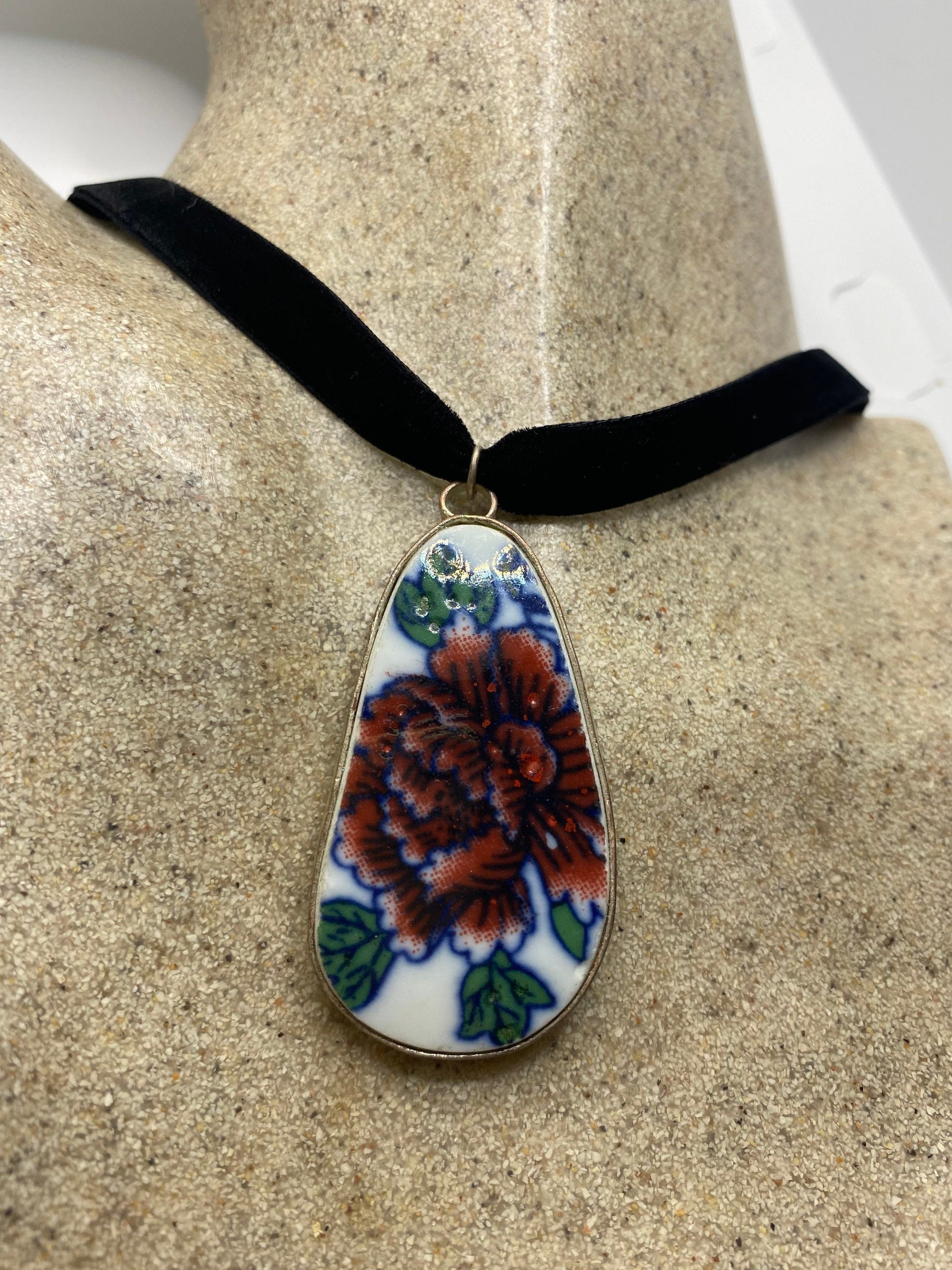 Vintage Handmade painted porcelain Silver Pendant