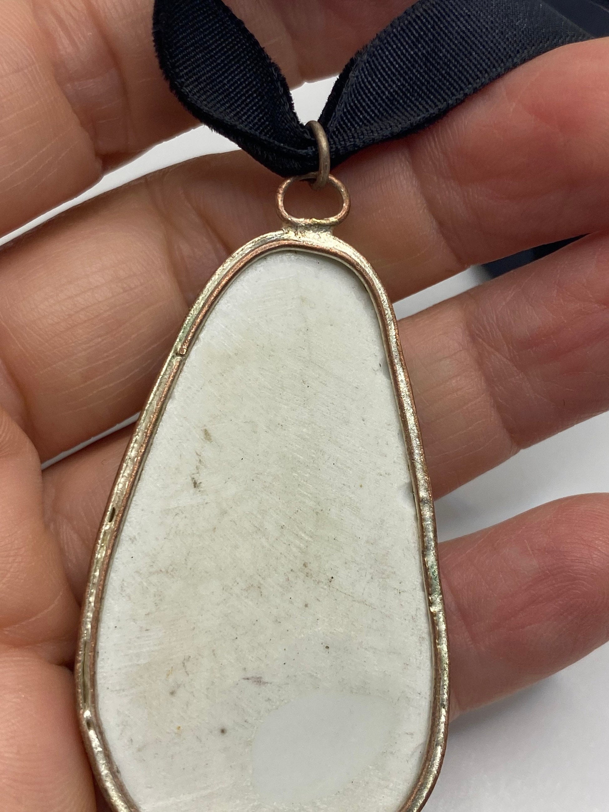 Vintage Handmade painted porcelain Silver Pendant