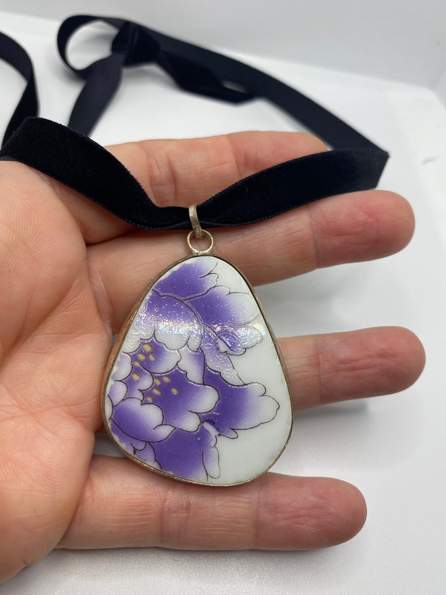 Vintage Handmade painted porcelain Silver Pendant